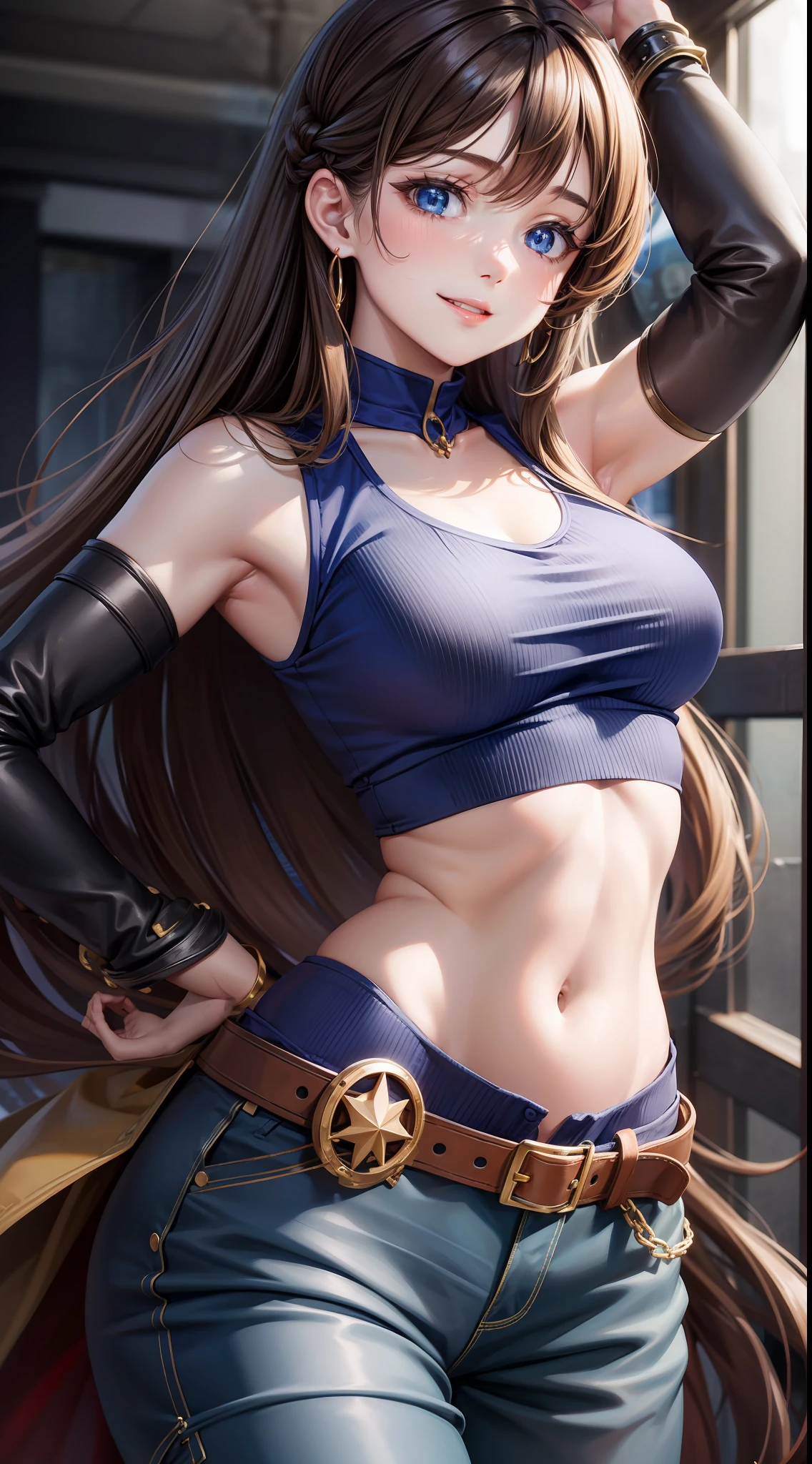 Young girl, long brown hair, blue eyes, blue top, sleeveless, open arms, open belly, chest neckline, pants, smile, masterpiece, high quality