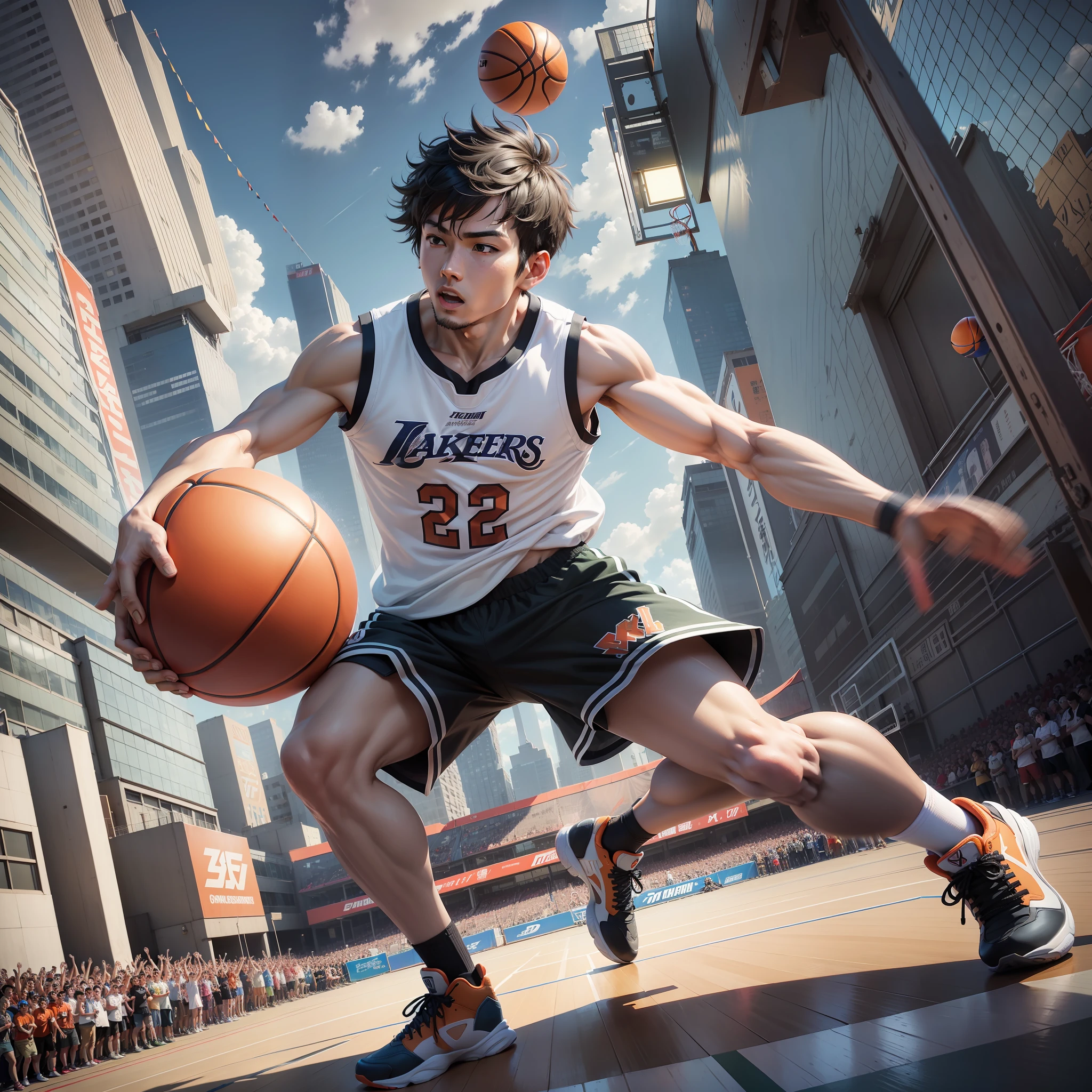 Style reference Japanese manga artist Yuhiko Inoue, extremely detailed CG Unity 8k wallpaper, masterpiece, best quality, super detailed, best lighting, best shadow, dynamic angle, dynamic pose, there are many basketball lovers, there are many basketball lovers, orange ball, basketball court, basketball hoop, basketball net, someone crimson t-shirt, someone black jersey, someone jumper, someone holding the ball, someone dribbling, there are many spectators, blue sky, white clouds, green trees and buildings, colorful, vibrant, crowded, lively scene