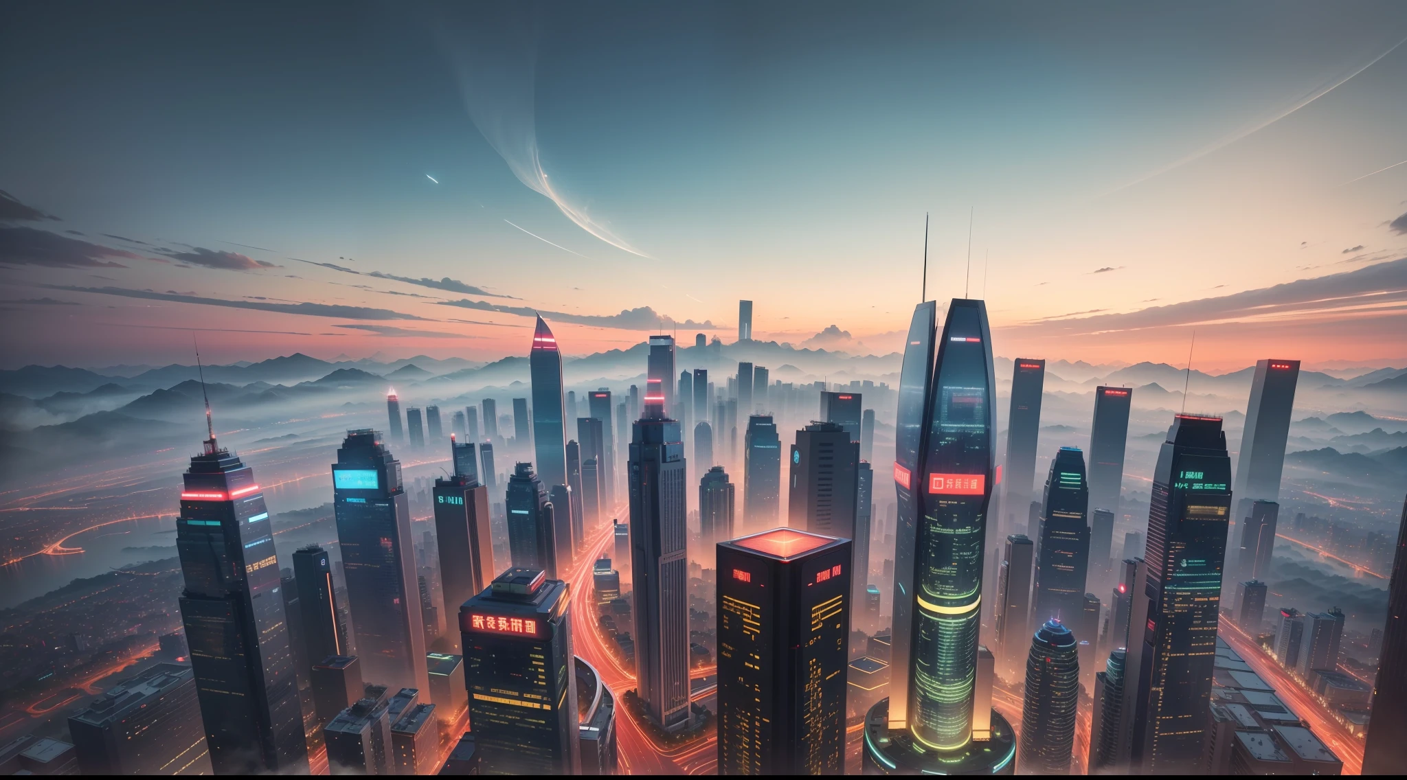 Guiyang, city skyline, big data, Informatization, Technology style, Futuristic, lamplight, cinematic lighting, atmospheric perspective, panorama, Hyperrealism, UHD, super detail, award winning --auto --s2