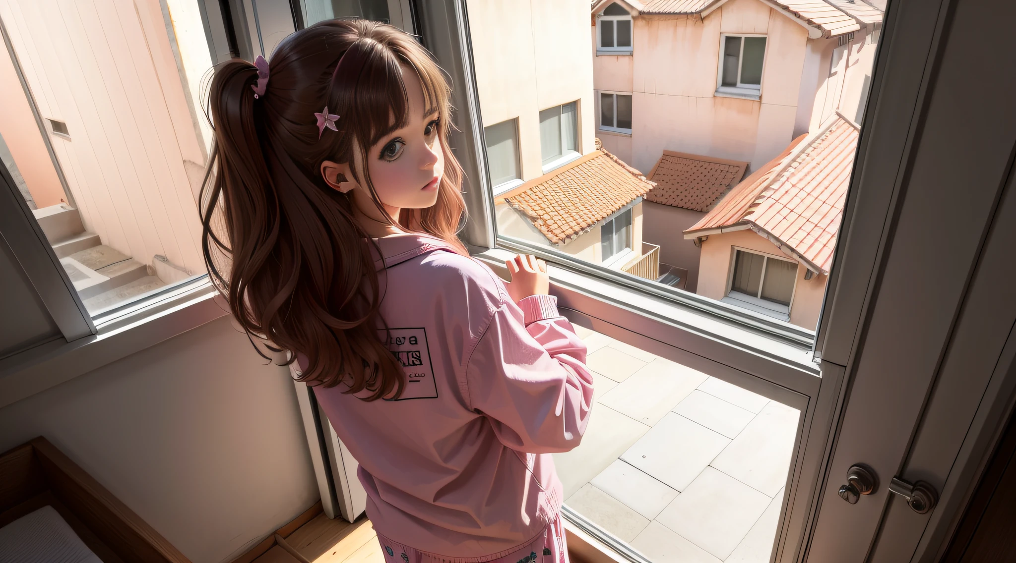 A girl, 22 years old, back, wearing pink pajamas, brown hair. Stand by the window and look downstairs