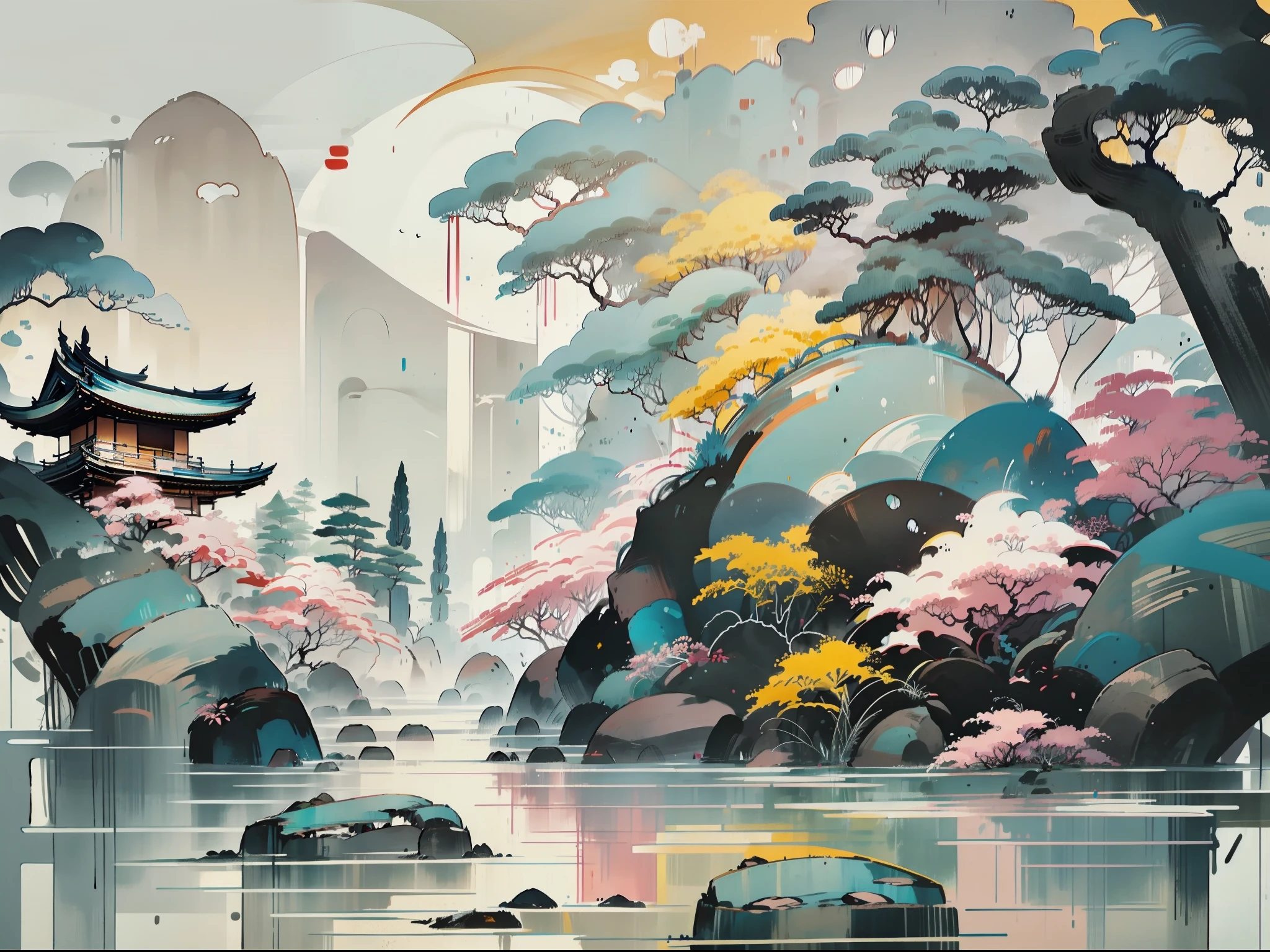 An oriental landscape painting, ancient China, extremely pure white background, dreamy, romantic, old-fashioned, 3D, 8K, spotlight, extremely fine details, wabi-sabi style,