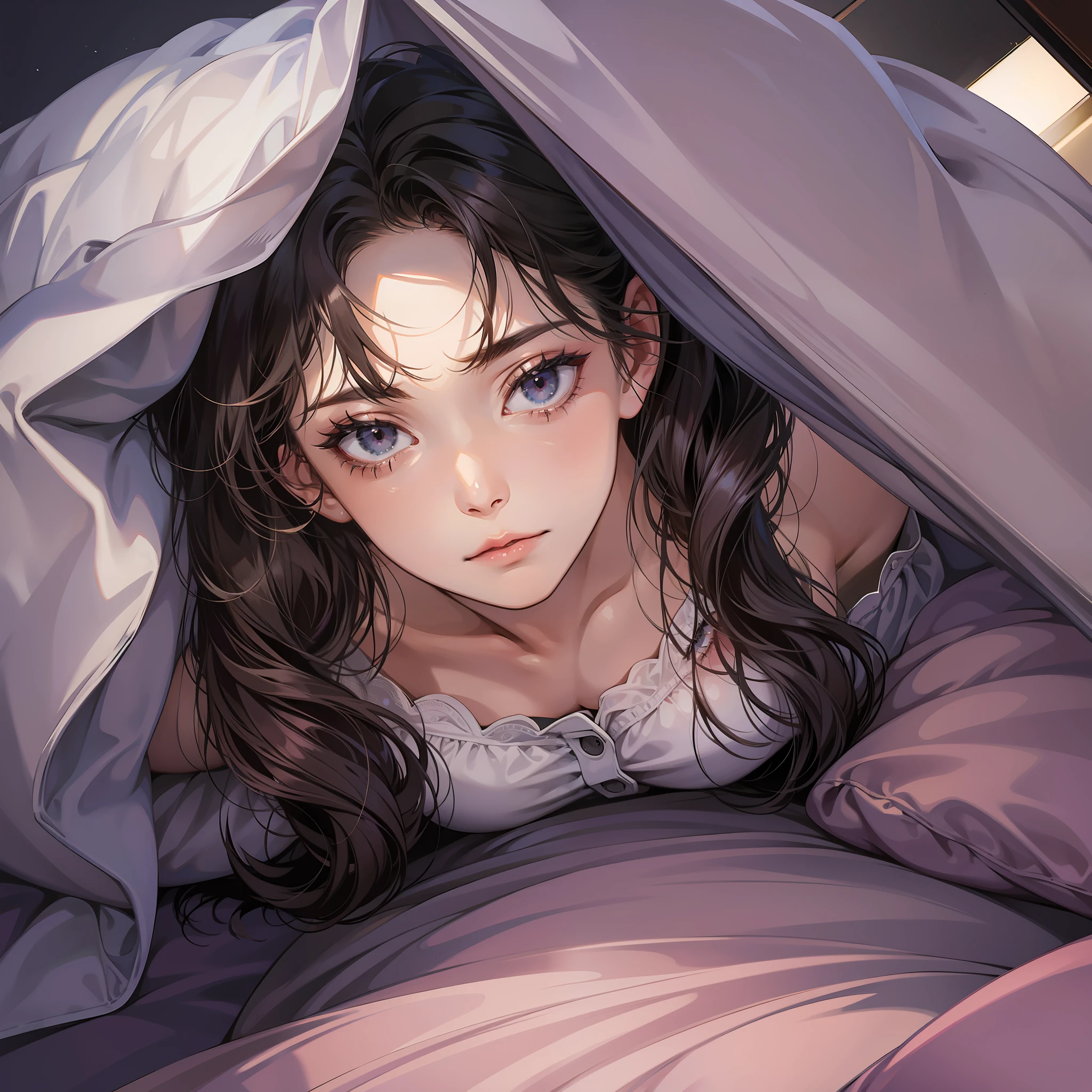 A woman hiding under the covers with a scared expression