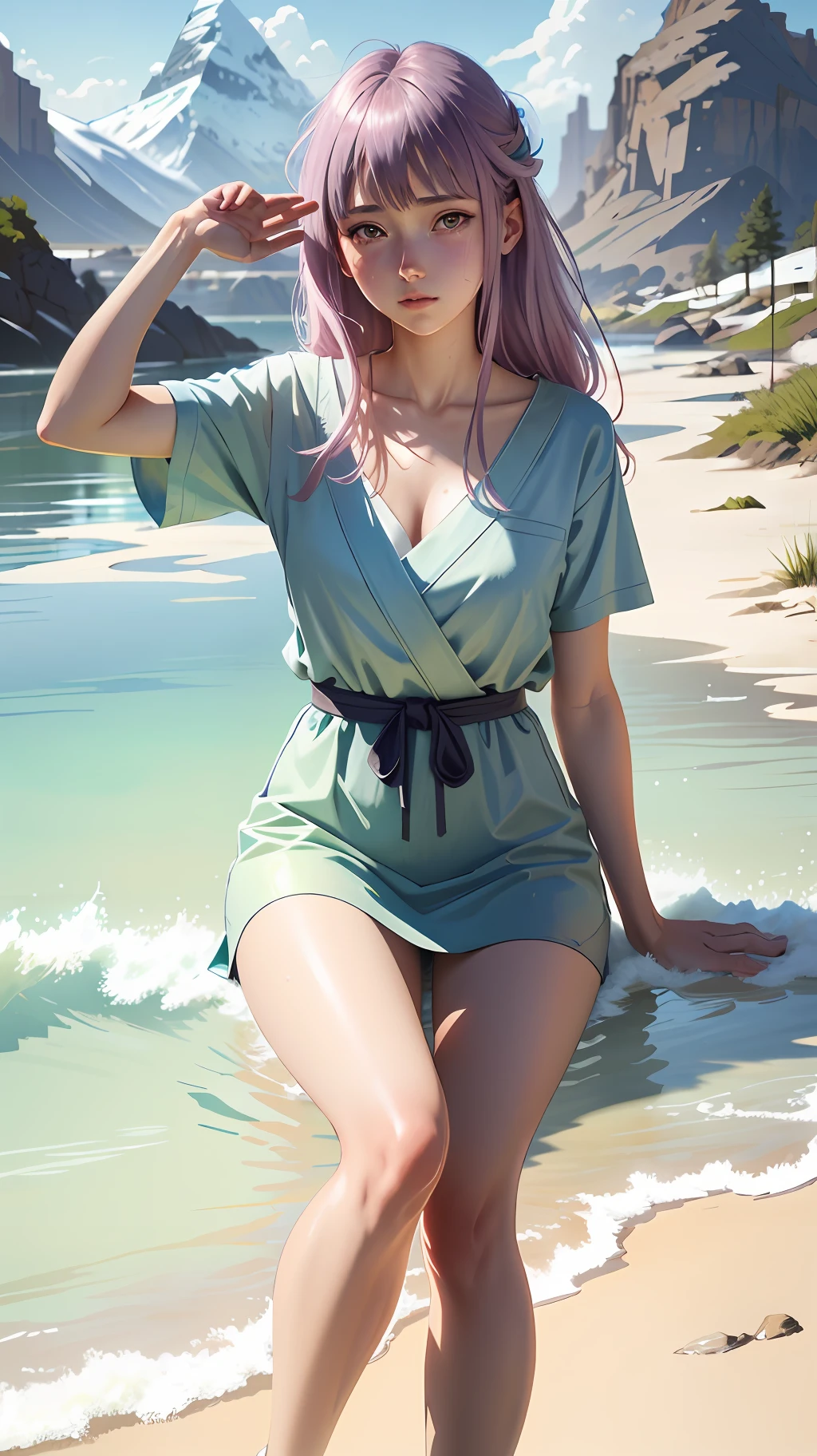 ( Watercolor : 1.5 ), sunlight , full body portrait ((wet)), ((hinata hyuga:1.5 from naruto)), dynamic posing, (detailed face), vicissitudes of wise eyes, wrinkles, peaceful old man meditating by the lake, an abandoned research facility on a remote Arctic island, (very detailed background, detailed face, detailed complex busy background: 0.8), messy, gorgeous, pastel colors, by artist ilya Designed by Kuvshinov and artist Serov Valenti