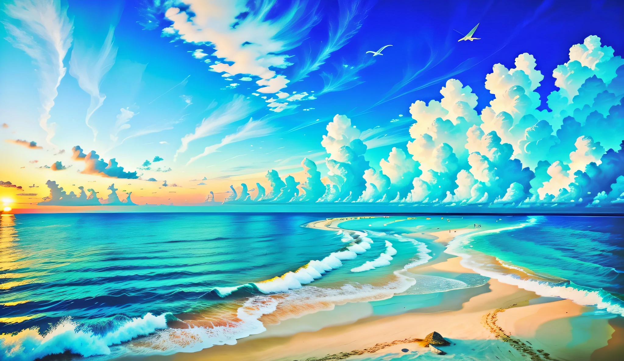 A blend of blue, white and yellow fills the sky, and the sunrise over the beach is truly mesmerizing. The crystal clear waters gently kiss the coast, and the white sand beach stretches out endlessly. It's a dynamic and breathtaking scene with seagulls soaring high into the sky and palm trees gently swaying. Take in the calm atmosphere and peace will wash you away.