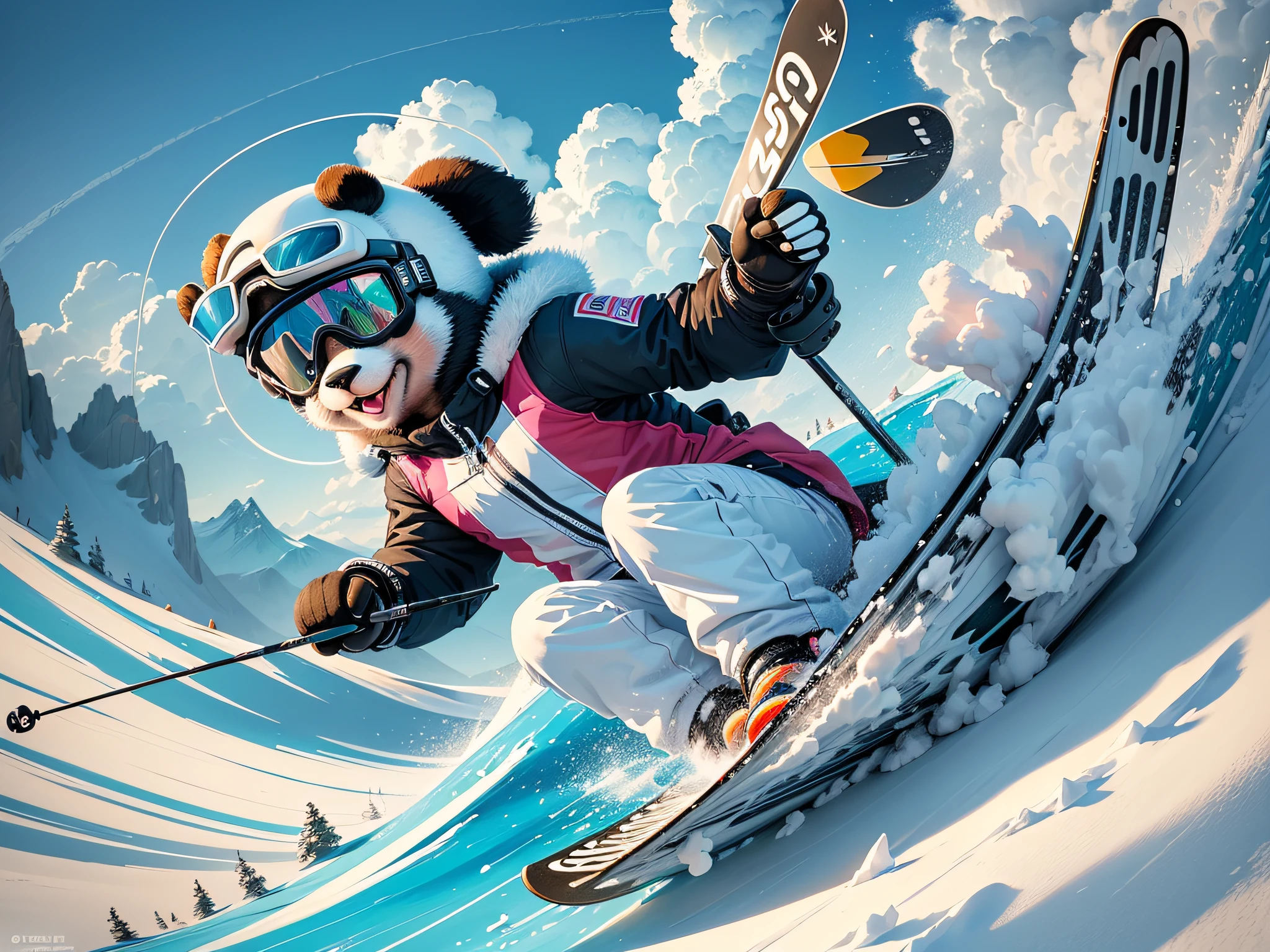 ((best quality)), ((playful and charming)), (detailed), adorable and dynamic depiction of a cartoon panda enjoying skiing, (panda in action with skis and goggles:1.1), (cloud patterns used as decorative accents throughout the artwork:1.2), (expression of excitement and enjoyment:1.3), bright and lively color scheme, digital illustration --auto --s2