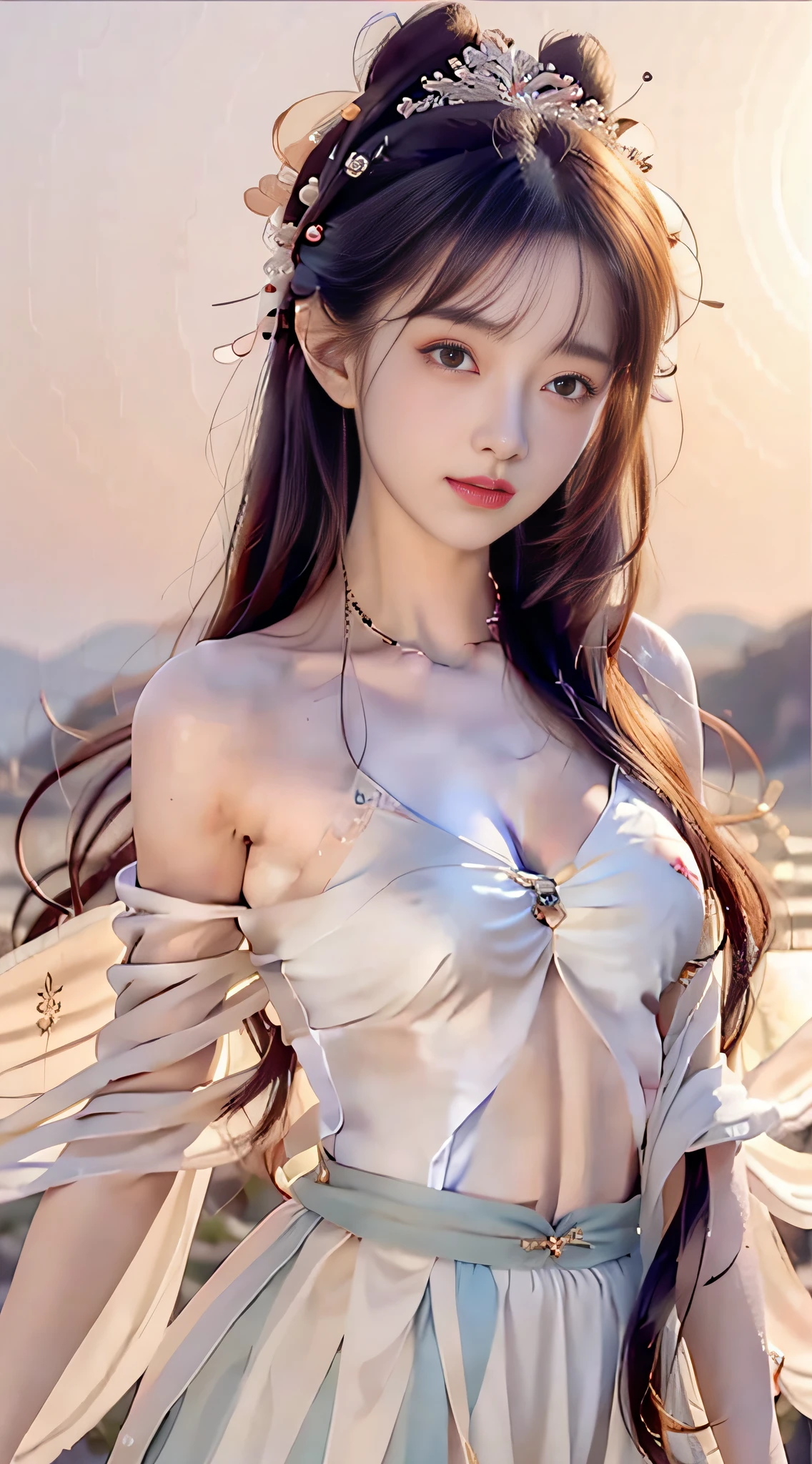 Bust photo, face close-up, face shot, a beautiful woman, messy hair, girly, symmetrical bun, hair accessories, jewelry, delicate face, (suspenders: 1.5), (high split lower skirt 1.7), (many patterns: 1.5), crop navel, open belly, Dunhuang style, a lot of streamers, delicate skin, soft light effect, delicate and smooth hair, delicate details, eye highlights, fair skin, fine portrayal, extreme details, cinematic quality, thin, slender, broken, hair details, thin bangs, shawl hair, right body, shadow, air bangs, 8K, super fine, fine fabric texture, soft, smooth, smooth texture, ((Dunhuang style)) )))), delicate patterns, correct hand painting,