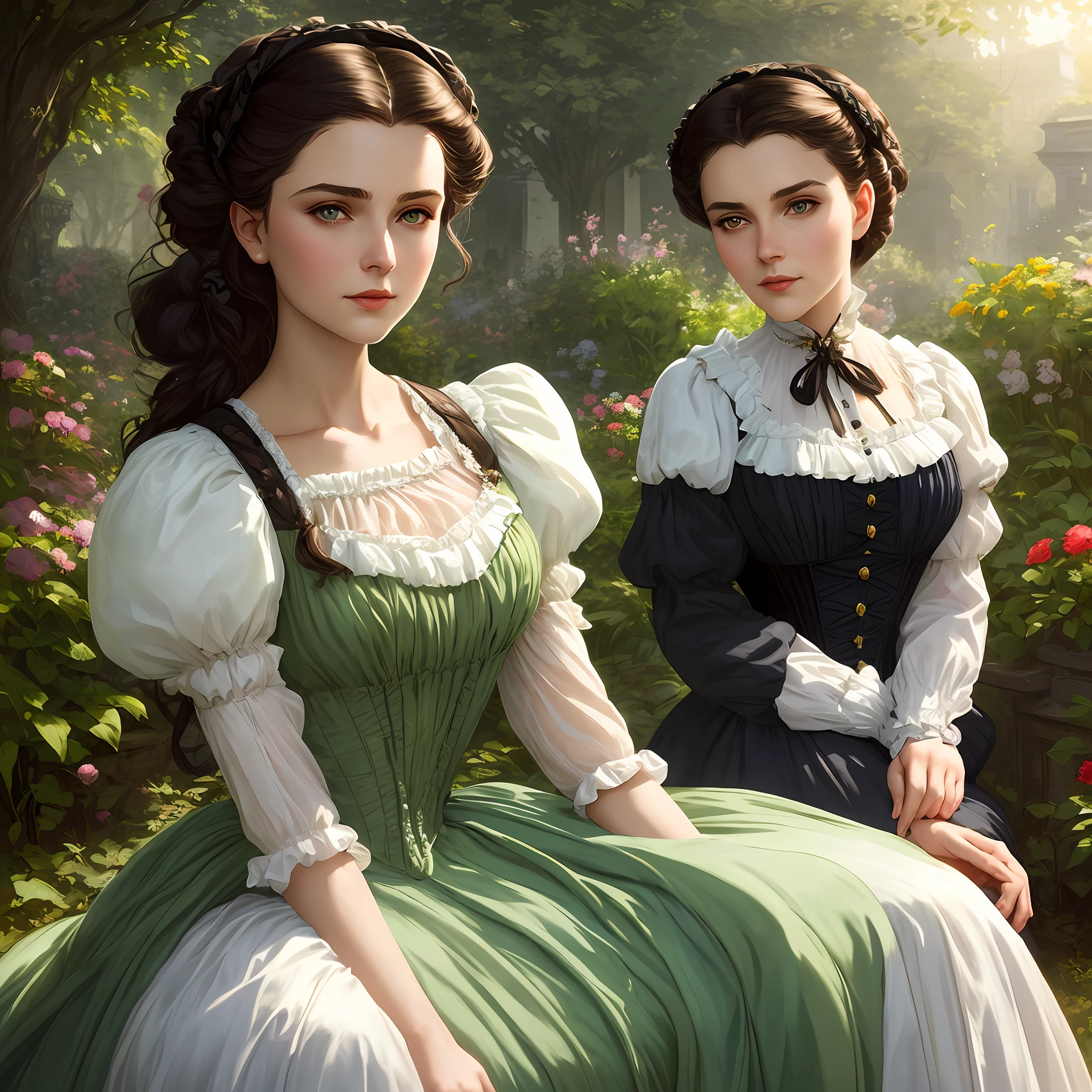 masterpiece one stunning delicate and curvy young woman 20 years old, wearing british victorian lady riding outfit, riding dress, ruddy skin, dark brown straight medium hair, detailed perfect almond-shaped emerald green eyes, perfect sensual and full lips, resemblance to scarlett ohara, ((sunny victorian mansion garden background)), full body, cover, hyperdetailed painting, luminism, Bar lighting, complex, 4k resolution concept art portrait by Greg Rutkowski, Artgerm, WLOP, Alphonse Mucha: a stunning realistic photograph 18 years