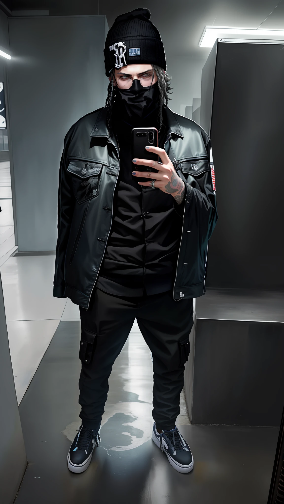 arafed man in a blue hat and jacket taking a selfie, he is wearing a black, wearing black modern clothes, wearing black clothes, outfit photo, wearing in black clothes, with a beard and a black jacket, full body in frame, full body picture, wearing black, wearing a black jacket, with hands in pockets, wearing a fancy black jacket, full body shot, at checkout, wearing a baggy, bladee from drain gang, xxxtentacion, dreads, his hair is messy and unkempt, cyberpunk street goon, badass anime 8 k, scruffy looking, american man, caucasian man, european man, white man, blue eyes, chains, rings, lil peep, shinobi, alternate album cover, album cover!, xxxtentacion, album art cover, album art, new album cover, yung lean, music album cover, album cover, rap album cover, colored album art, hardops, arca album cover, an album cover, album artwork, sicko, trending, photo from a promo shoot, end of an era, official artwork, promo image, bladee from drain gang, naruto, anime style, 4k, 8k, high resolution, ultra resolution, steampunk, shades of light, shades of shadow, artwork, two tone lights, ultra detailed, black clothes, best image quality, masterpiece, incredible, vibrant, super high resolution, artwork, style, amazing, dark, shadow, punk, black, drawing, anime,