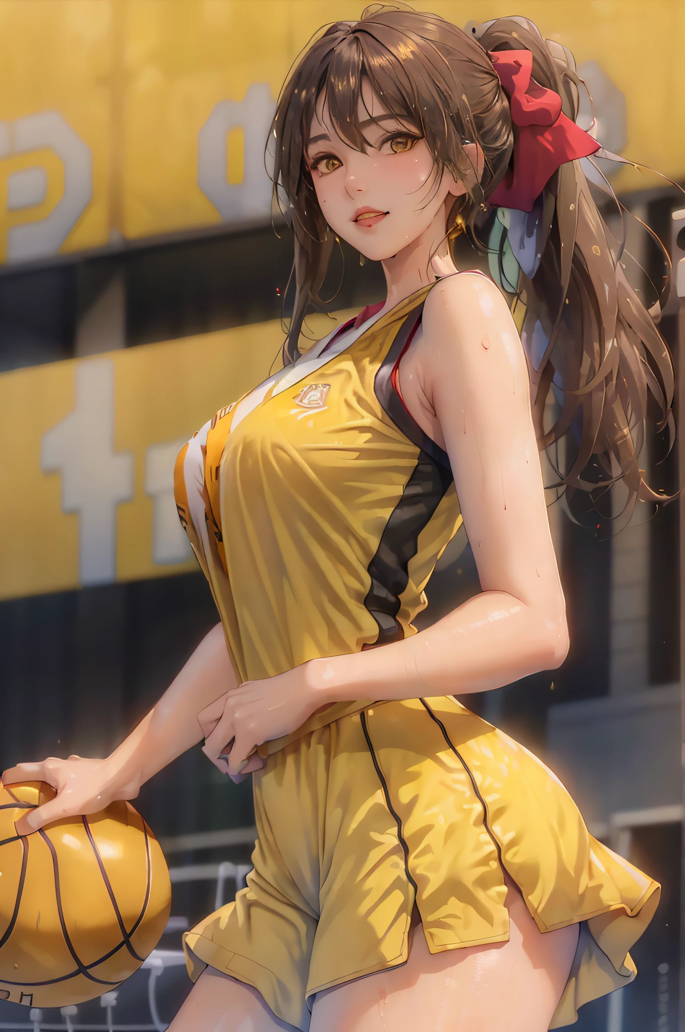 Masterpiece: 1.2, best quality), realistic, (real picture, rich details details, depth of field), (1girl, solo), smile, delicate facial features, makeup, high detail, perfect face shape, (big breasts: 1.4), ( skindentation ), thick thighs, wide hips, thin waist, tall, coral, red lips, red eyes, ponytail, (((((basketball girl, yellow basketball suit)))), (sweat: 1.2), (wet), sexy, blushing, sweaty