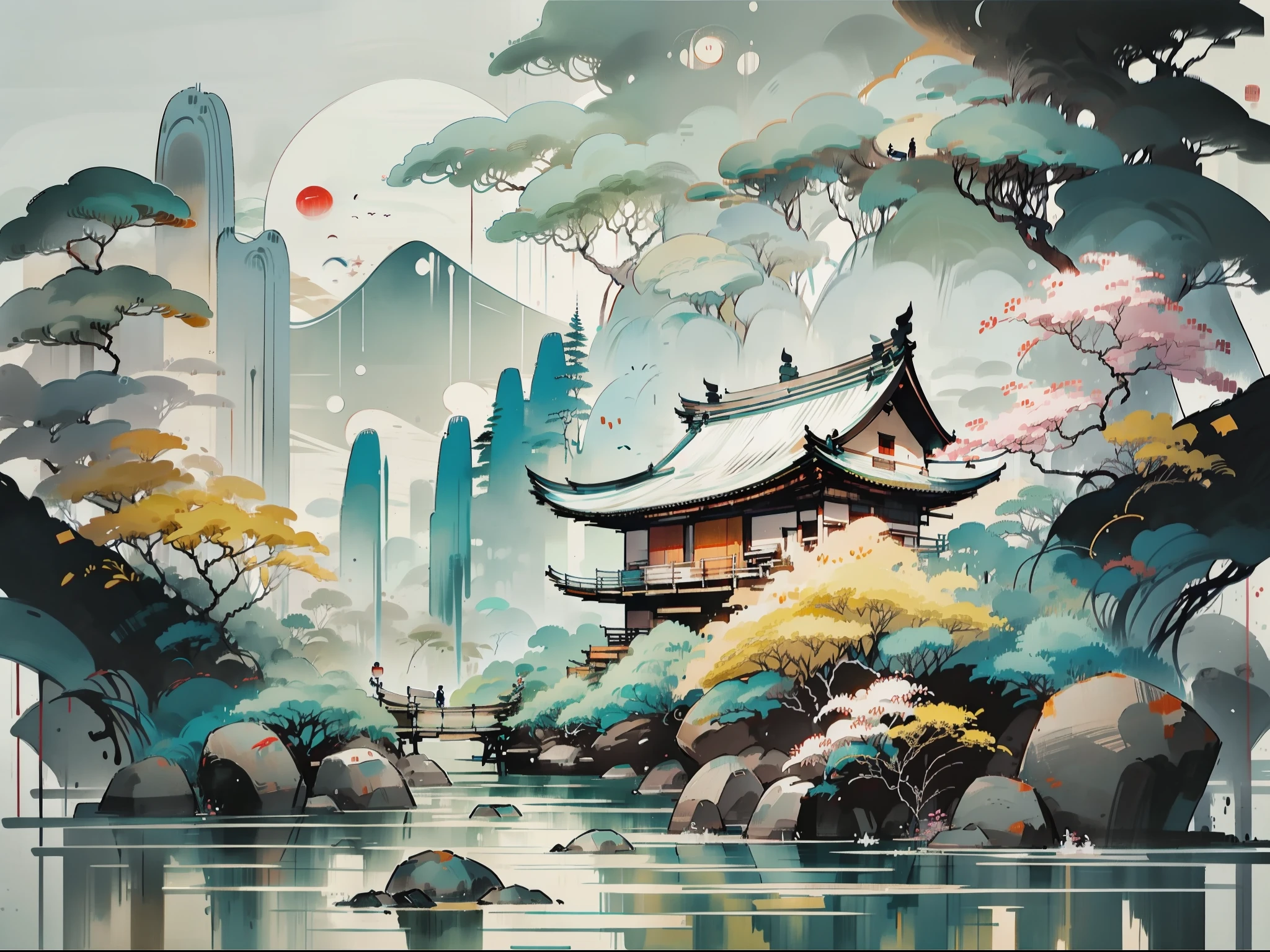 An oriental landscape painting, ancient China, extremely pure white background, dreamy, romantic, old-fashioned, 3D, 8K, spotlight, extremely fine details, wabi-sabi style,