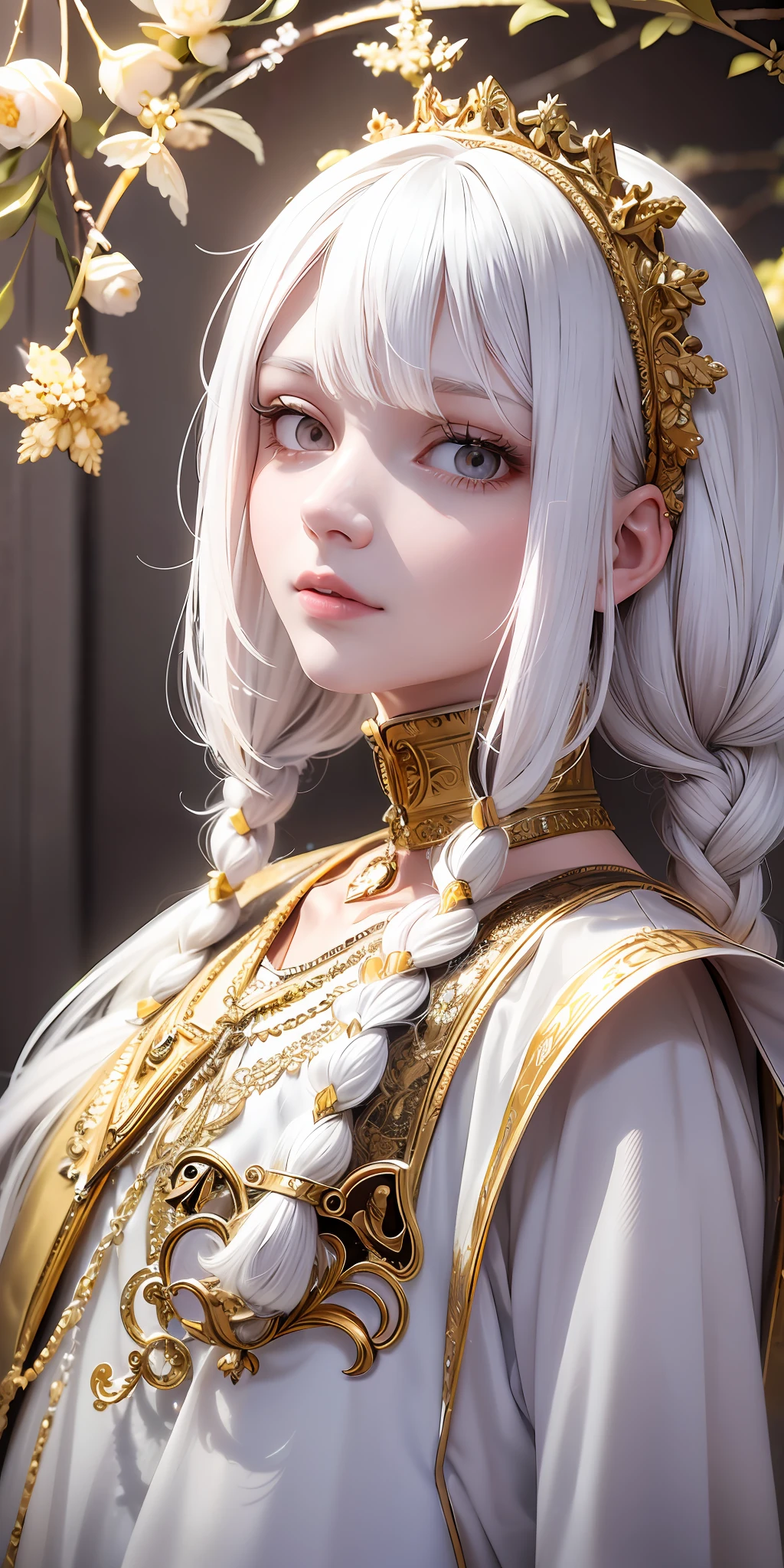 best quality, masterpiece,white hair, gold eyes,white clothes, looking up, upper body,hair strand,Fair skin,side braids