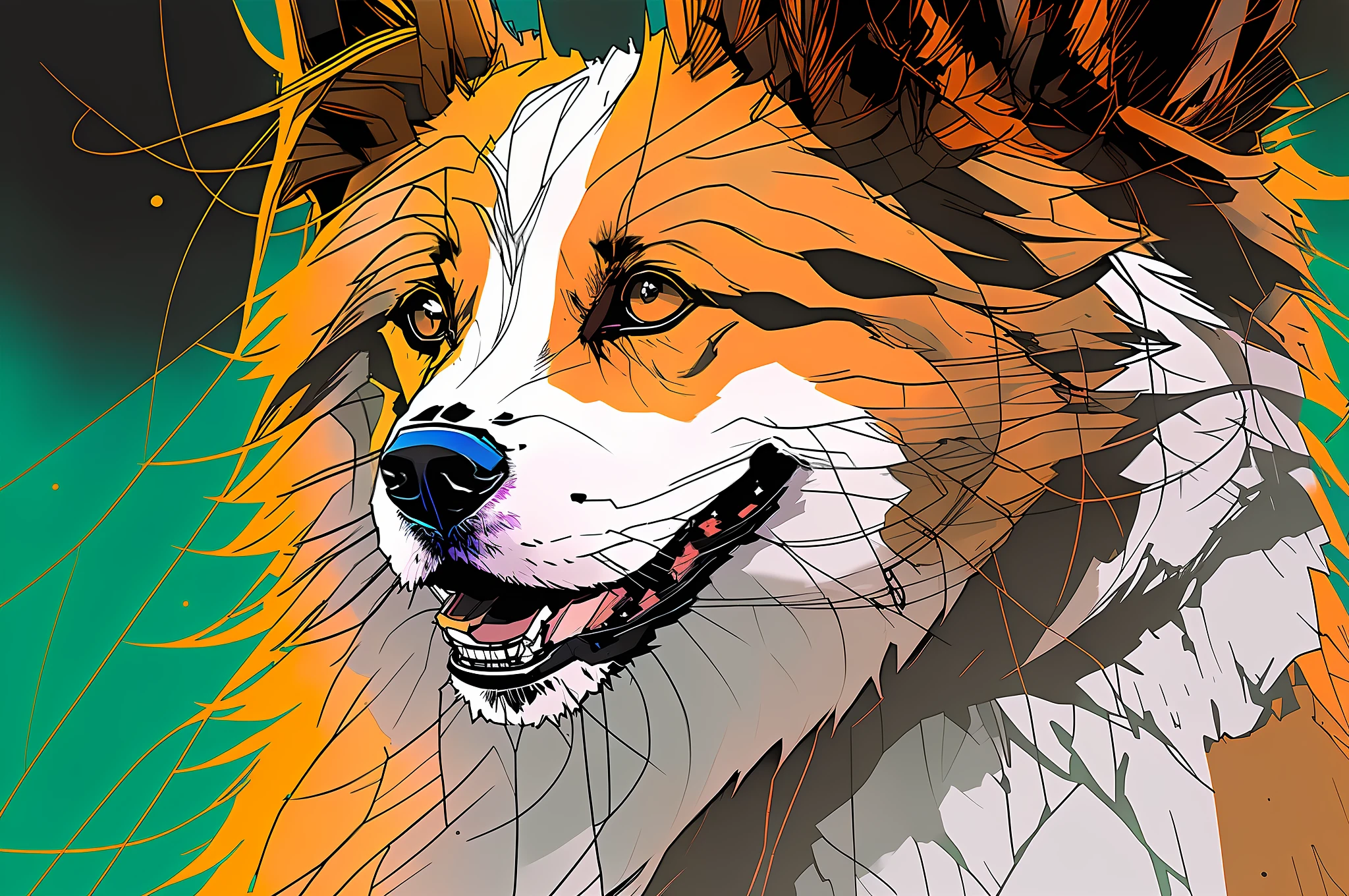 (nvinkpunk), Rough Collie listens attentively, long nose, watercolor feeling, top quality, detailed, ,4k, HDR, smooth and sharp focus, high resolution, brown, head poked through paper wall, red tongue, solid background