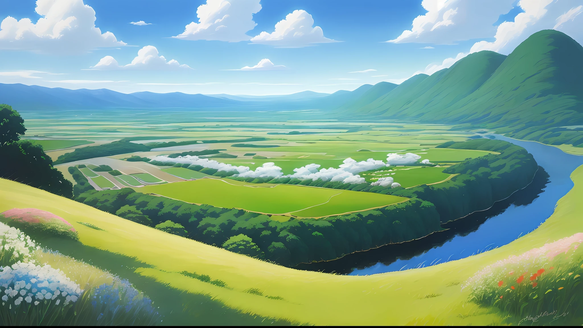 Realistic, authentic, beautiful and amazing landscape oil painting Studio Ghibli Hayao Miyazaki&#39;s petal grassland with blue sky and white clouds --v6