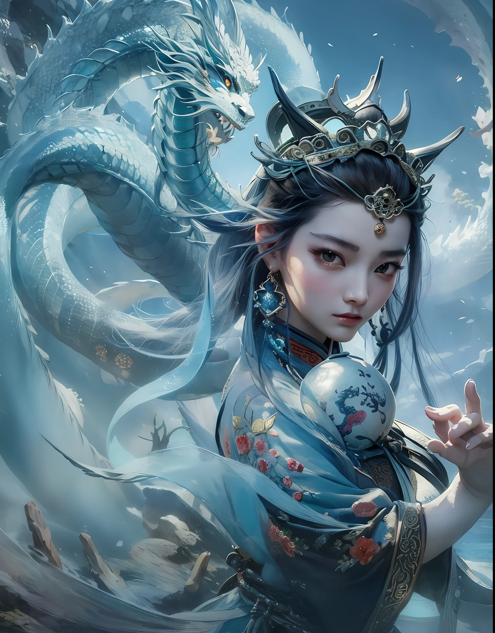 Close-up of a woman in an embroidered dress, very beautiful beauty with a Chinese dragon beside her, surrounded by auspicious clouds, Chinese fantasy, beautiful digital artwork, master works, Ross Tran 8 K, Zhang Jingna, Xian Xia Fantasy, CGsociety and Fenghua Bell, Chinese style, dragon inspired cloth robe, Ross Tran and WLOP, sea queen Mu Yanling, inspired by Chu Derun