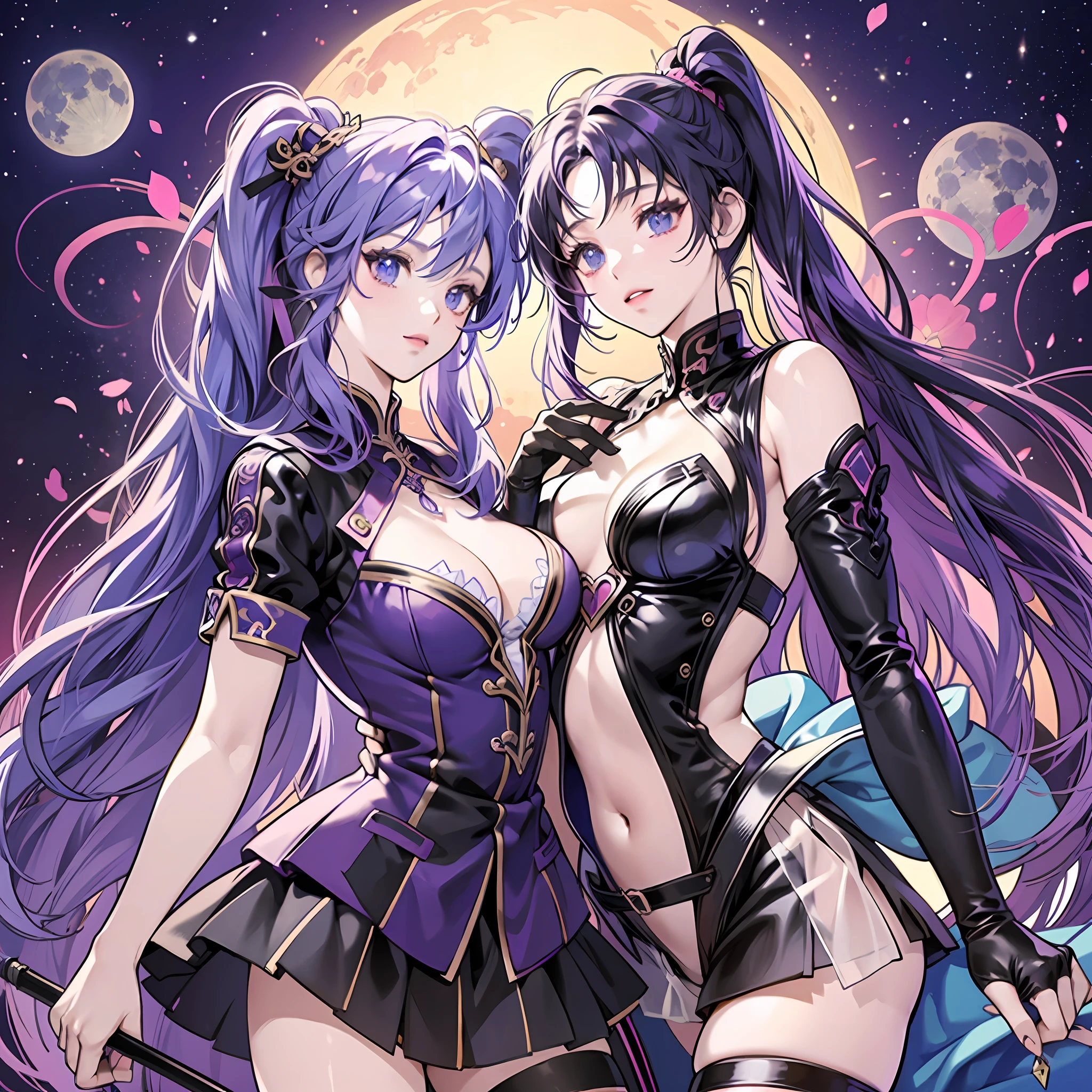 Magic Warrior, purple and blue hair, anime girl in sexy costume posing in front of full moon, two beautiful anime girls, anime girl, nightcore, anime style 4K, best anime 4K Konachan wallpaper, two pure moons, twin tails, ultra hd anime wallpaper, 4k anime wallpaper --auto --s2