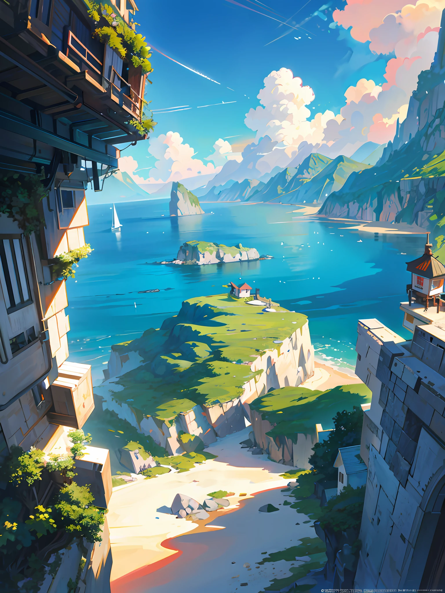 Seaside town, sea, anime background art, anime landscape concept art, very detailed scenes, beautiful artwork illustrations, highly detailed scenes, environmental design illustrations, beautiful anime scenes, (Studio Ghibli style), anime landscapes