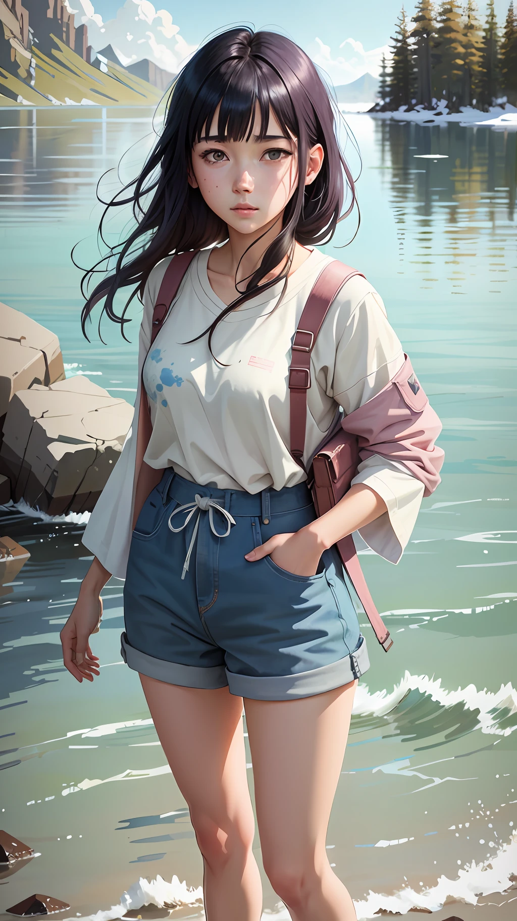 ( Watercolor : 1.5 ), sunlight , full body portrait ((wet)), ((hinata hyuga:1.5 from naruto)), dynamic posing, (detailed face), vicissitudes of wise eyes, wrinkles, peaceful old man meditating by the lake, an abandoned research facility on a remote Arctic island, (very detailed background, detailed face, detailed complex busy background: 0.8), messy, gorgeous, pastel colors, by artist ilya Designed by Kuvshinov and artist Serov Valenti