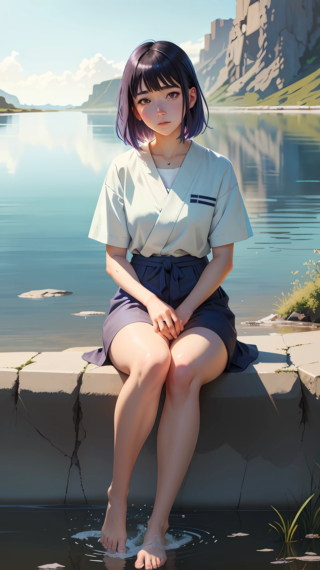 ( Watercolor : 1.5 ), sunlight , full body portrait ((wet)), ((hinata hyuga:1.5 from naruto)), dynamic posing, (detailed face), vicissitudes of wise eyes, wrinkles, peaceful old man meditating by the lake, an abandoned research facility on a remote Arctic island, (very detailed background, detailed face, detailed complex busy background: 0.8), messy, gorgeous, pastel colors, by artist ilya Designed by Kuvshinov and artist Serov Valenti