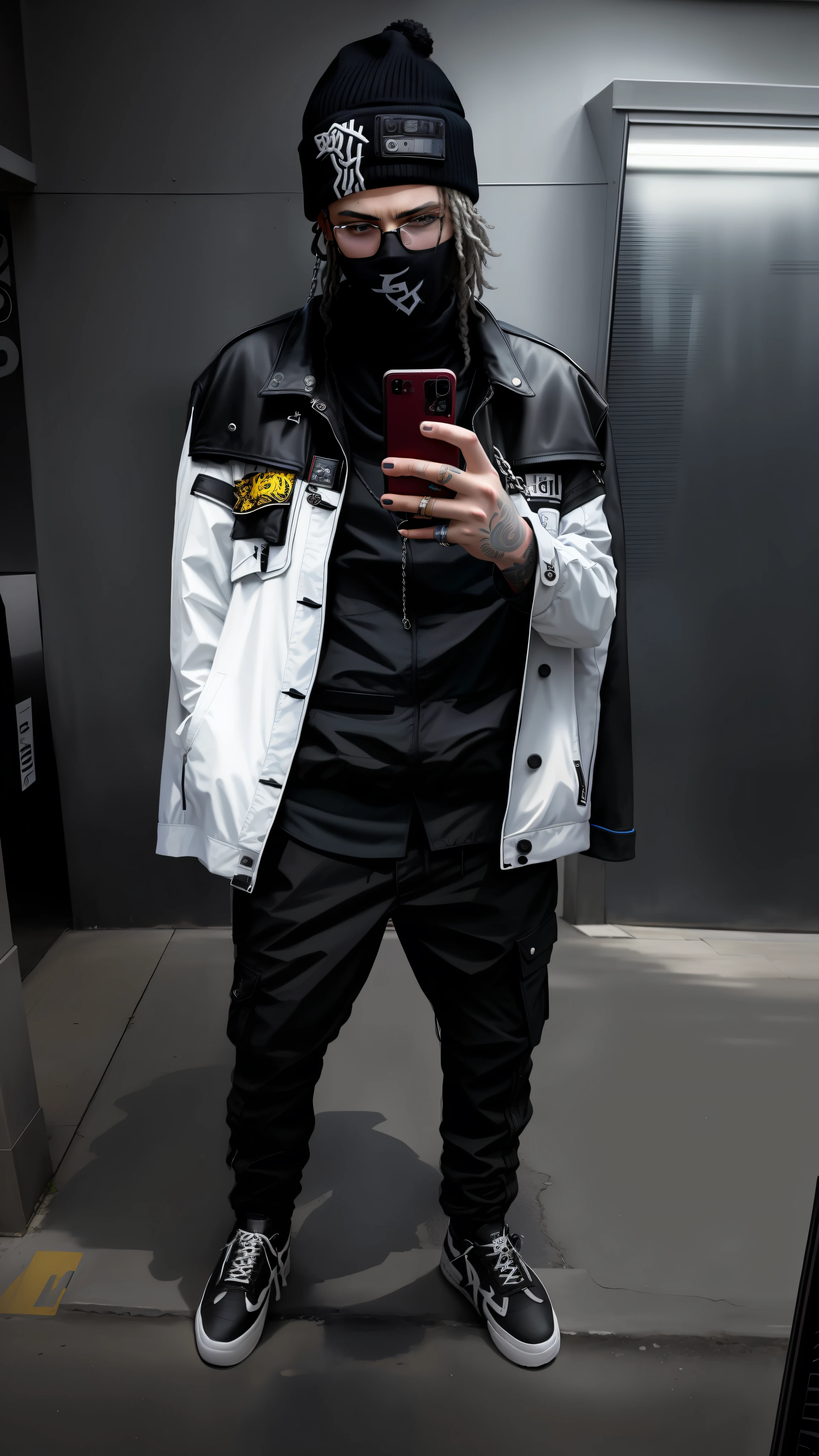 arafed man in a blue hat and jacket taking a selfie, he is wearing a black, wearing black modern clothes, wearing black clothes, outfit photo, wearing in black clothes, with a beard and a black jacket, full body in frame, full body picture, wearing black, wearing a black jacket, with hands in pockets, wearing a fancy black jacket, full body shot, at checkout, wearing a baggy, bladee from drain gang, xxxtentacion, dreads, his hair is messy and unkempt, cyberpunk street goon, badass anime 8 k, scruffy looking, american man, caucasian man, european man, white man, blue eyes, chains, rings, lil peep, shinobi, alternate album cover, album cover!, xxxtentacion, album art cover, album art, new album cover, yung lean, music album cover, album cover, rap album cover, colored album art, hardops, arca album cover, an album cover, album artwork, sicko, trending, photo from a promo shoot, end of an era, official artwork, promo image, bladee from drain gang, naruto, anime style, 4k, 8k, high resolution, ultra resolution, steampunk, shades of light, shades of shadow, artwork, two tone lights, ultra detailed, black clothes, best image quality, masterpiece, incredible, vibrant, super high resolution, artwork, style, amazing, dark, shadow, punk, black, drawing, anime,