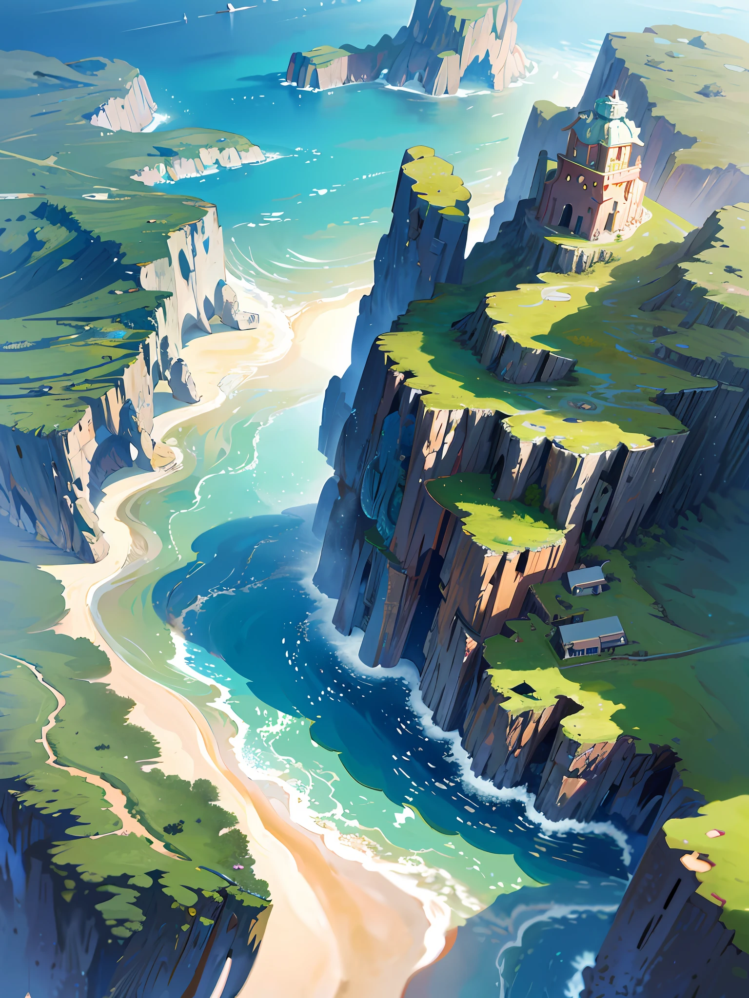 Seaside town, sea, anime background art, anime landscape concept art, very detailed scenes, beautiful artwork illustrations, highly detailed scenes, environmental design illustrations, beautiful anime scenes, (Studio Ghibli style), anime landscapes