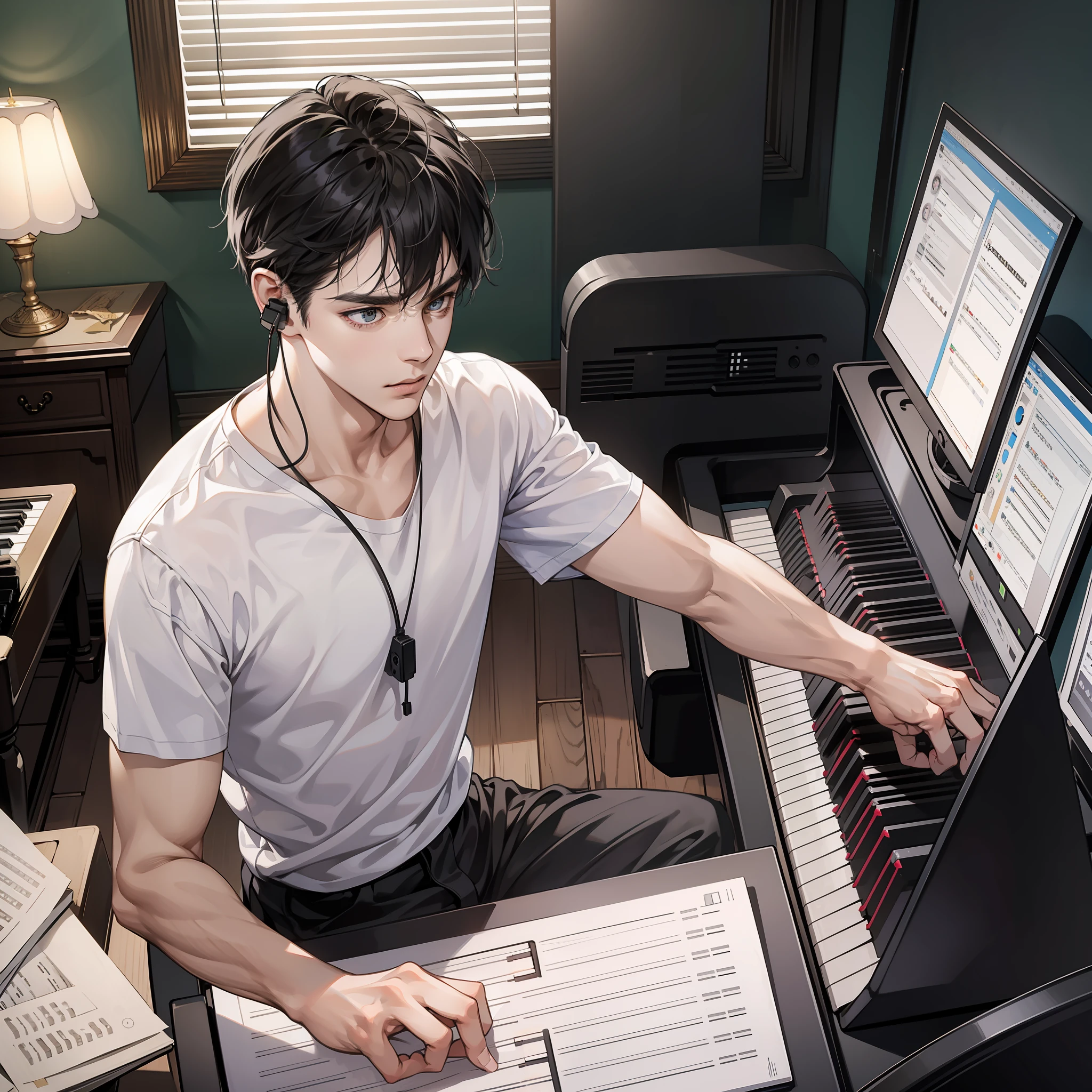 Masterpiece, high quality, best quality, HD, realistic, perfect lighting, detailed body, 1 man, short black hair, white t-shirt, wearing headphones, playing piano, computer, far view, in the room, at night