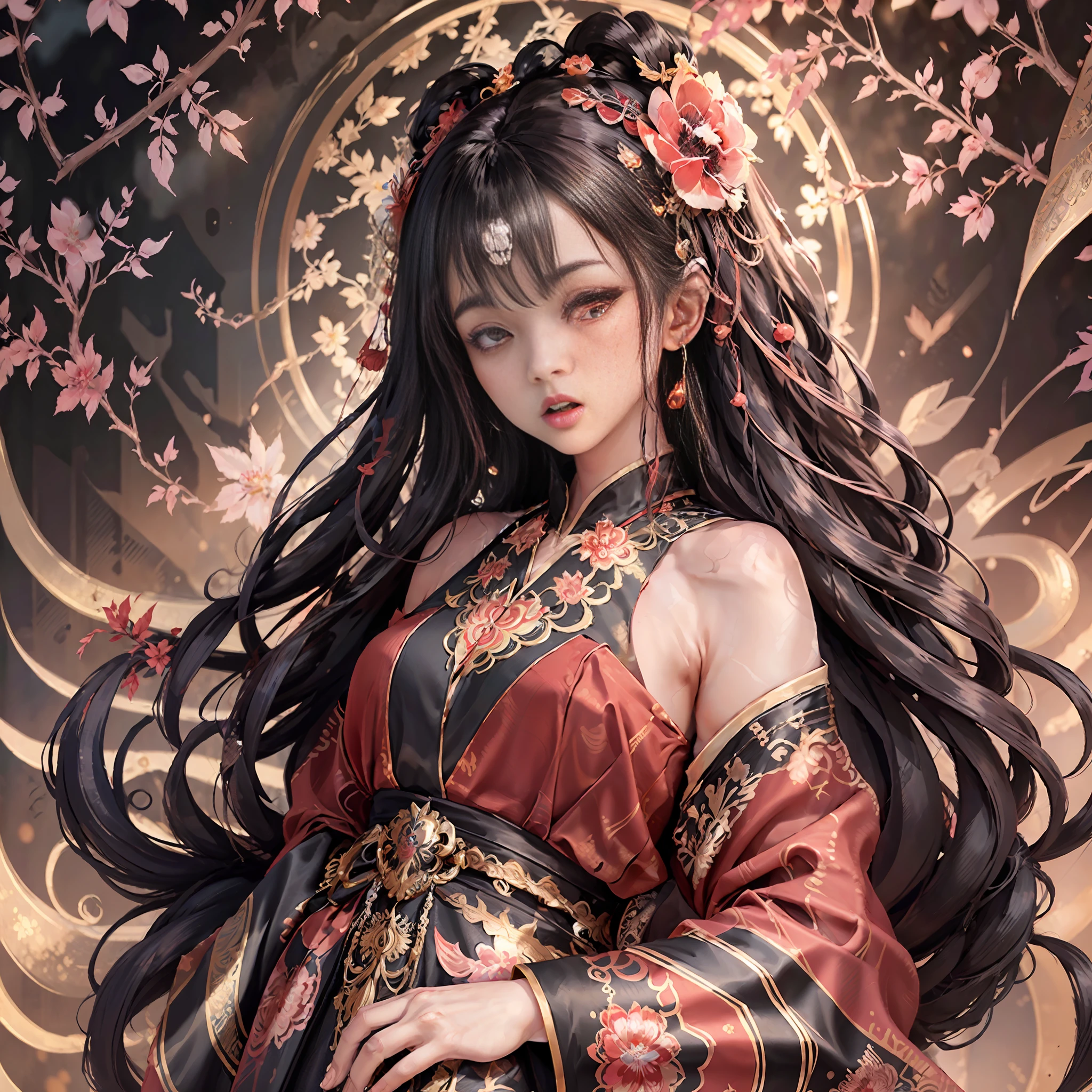 ((High resolution)), (Open Mouth), (Bust), (Top Quality), ((Super Fine)) (Super Fine CG)), ((8k_wallpaper)), Dynamic Angle, Floating, (Eyes with Beautiful Details), Very Delicate and Beautiful Girl, Upper Body, Ink Painting, (Chinese Style), Dark Eyes, Burning, Detail Light. from_low, (black hair), (red spider) lily: 1.33), aqua eye, (hair flower: 1.3), Bloom, single, starry sky, hair accessories, earrings, jewelry, messy hair, bare shoulders, half-closed eyes, bloom, (men), (Hanfu: 1.3), (Medium breasts): 1.2), (Eyeshadow, Red Eyeliner: 1.15), (Eyeshadow, Red Eyeliner: 1.15), (Eyeshadow, Red Eyeliner: 1.15), (Visible Eyes Through Hair: 1.2), (Solo Exhibition), Red Moon