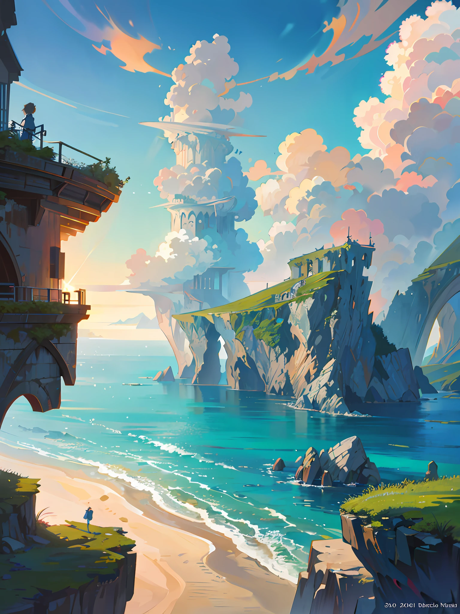 Seaside town, sea, anime background art, anime landscape concept art, very detailed scenes, beautiful artwork illustrations, highly detailed scenes, environmental design illustrations, beautiful anime scenes, (Studio Ghibli style), anime landscapes