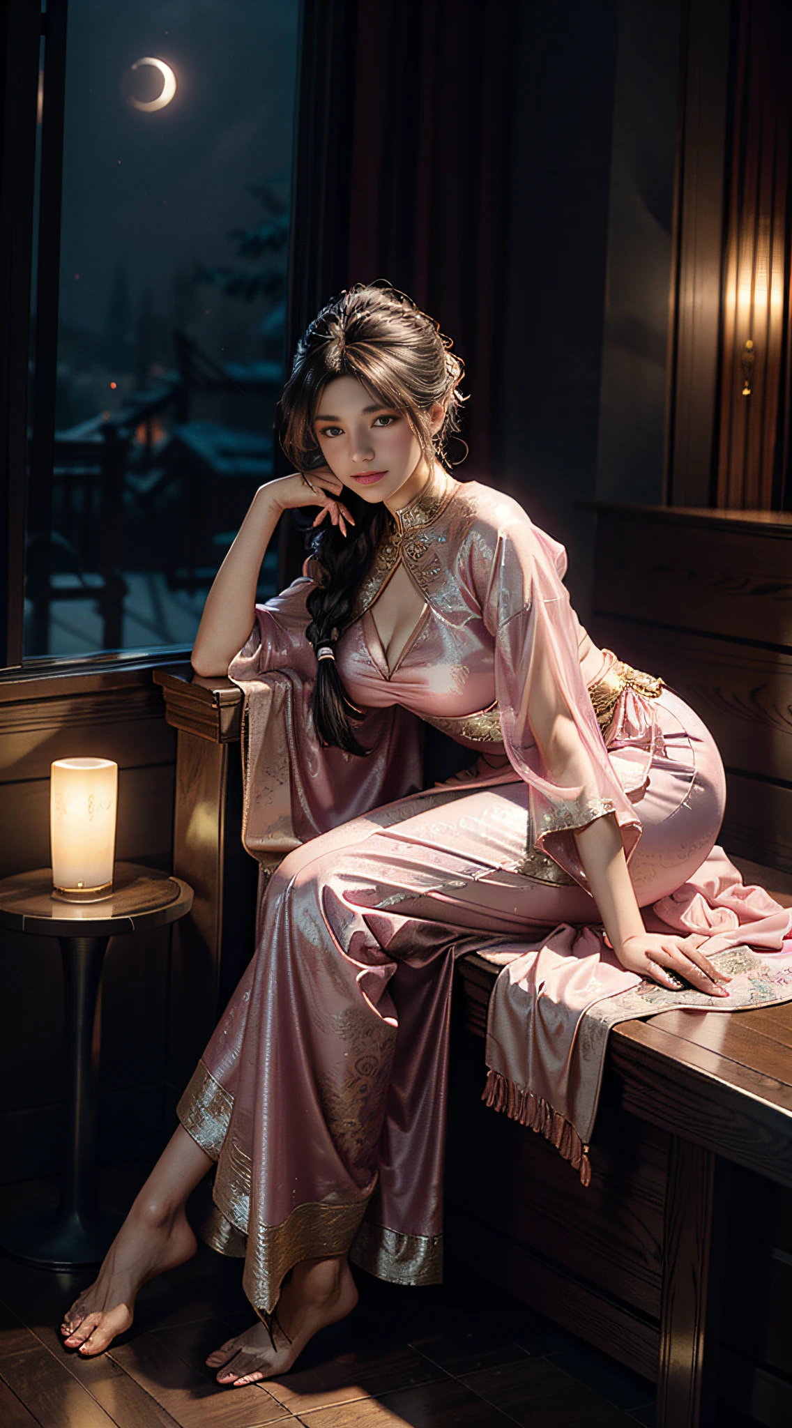 The art depicts a charming woman in a flowing, silky traditional oriental dress in pink, tight translucent trousers, decorated with intricate patterns and bright colors. Her dress drapes elegantly over her curvy figure, accentuating her seductive silhouette. She stood gracefully in the quiet moonlit night, bathed in the soft glow of the moonlight. The scene exudes an ethereal and dreamy atmosphere, with a touch of mystery and sexiness. The graphic style blends watercolor and digital illustration techniques to evoke a refined beauty and charm. The lights are filled with soft moonlight, casting soft highlights and shadows on her charming features. Bare thighs, wearing tight translucent pants, big breasts, three-dimensional facial features, sitting, upturned legs, side braids, full body photo