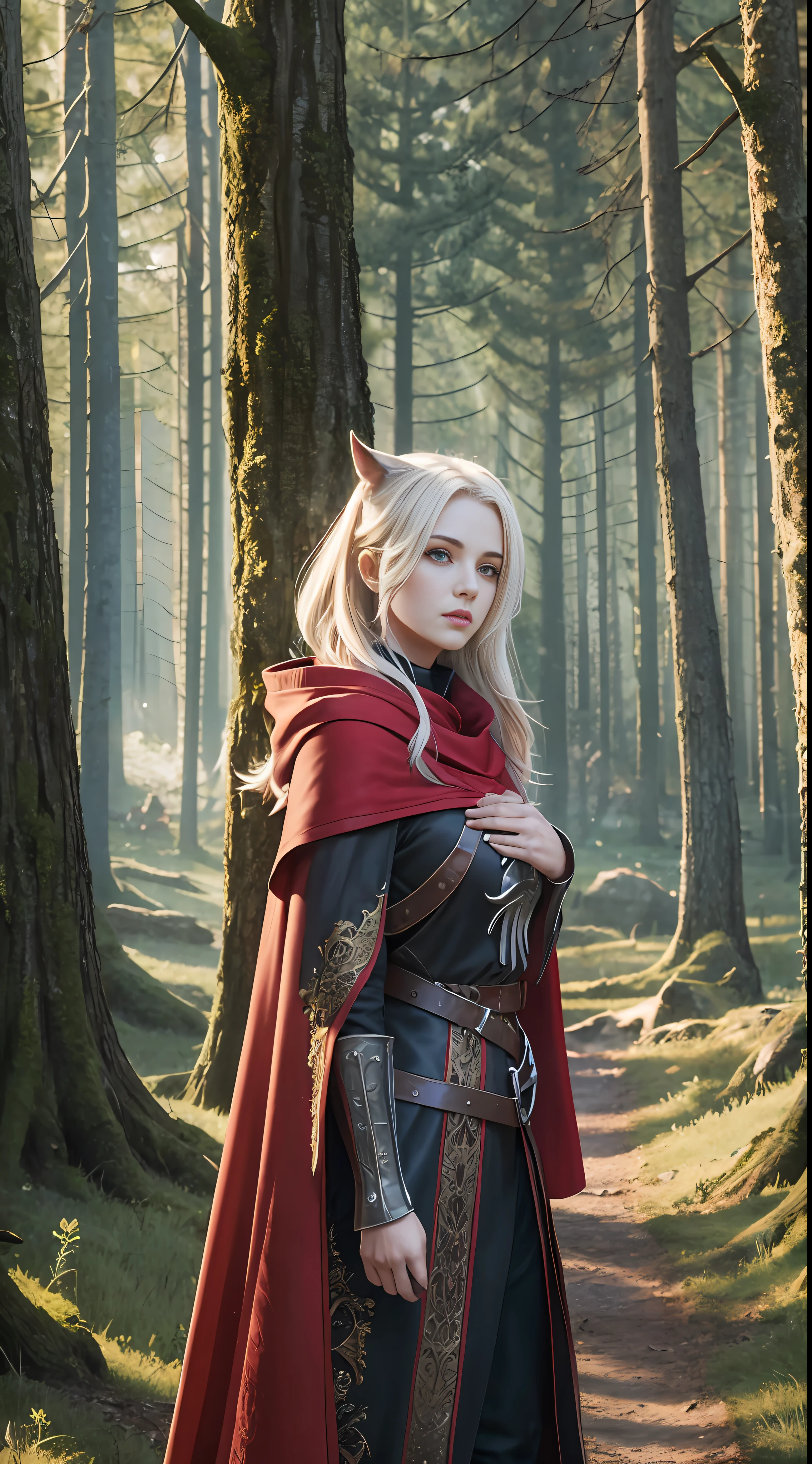 Girl, Red Cloak, European Medieval, Battle, Forest, Big Bad Wolf, Unreal Engine, Cinematic Lighting, UHD, Super Detail