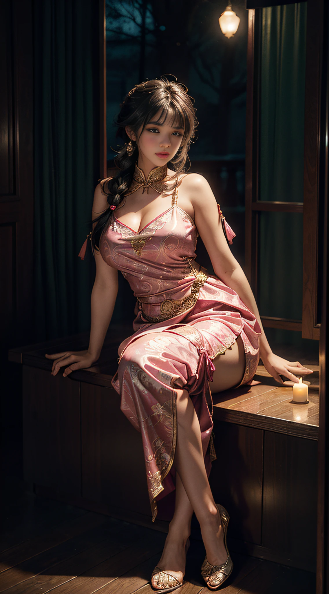 The art depicts a charming woman in a flowing, silky traditional oriental dress in pink, tight translucent trousers, decorated with intricate patterns and bright colors. Her dress drapes elegantly over her curvy figure, accentuating her seductive silhouette. She stood gracefully in the quiet moonlit night, bathed in the soft glow of the moonlight. The scene exudes an ethereal and dreamy atmosphere, with a touch of mystery and sexiness. The graphic style blends watercolor and digital illustration techniques to evoke a refined beauty and charm. The lights are filled with soft moonlight, casting soft highlights and shadows on her charming features. Bare thighs, wearing tight translucent pants, big breasts, three-dimensional facial features, sitting, upturned legs, side braids, full body photo