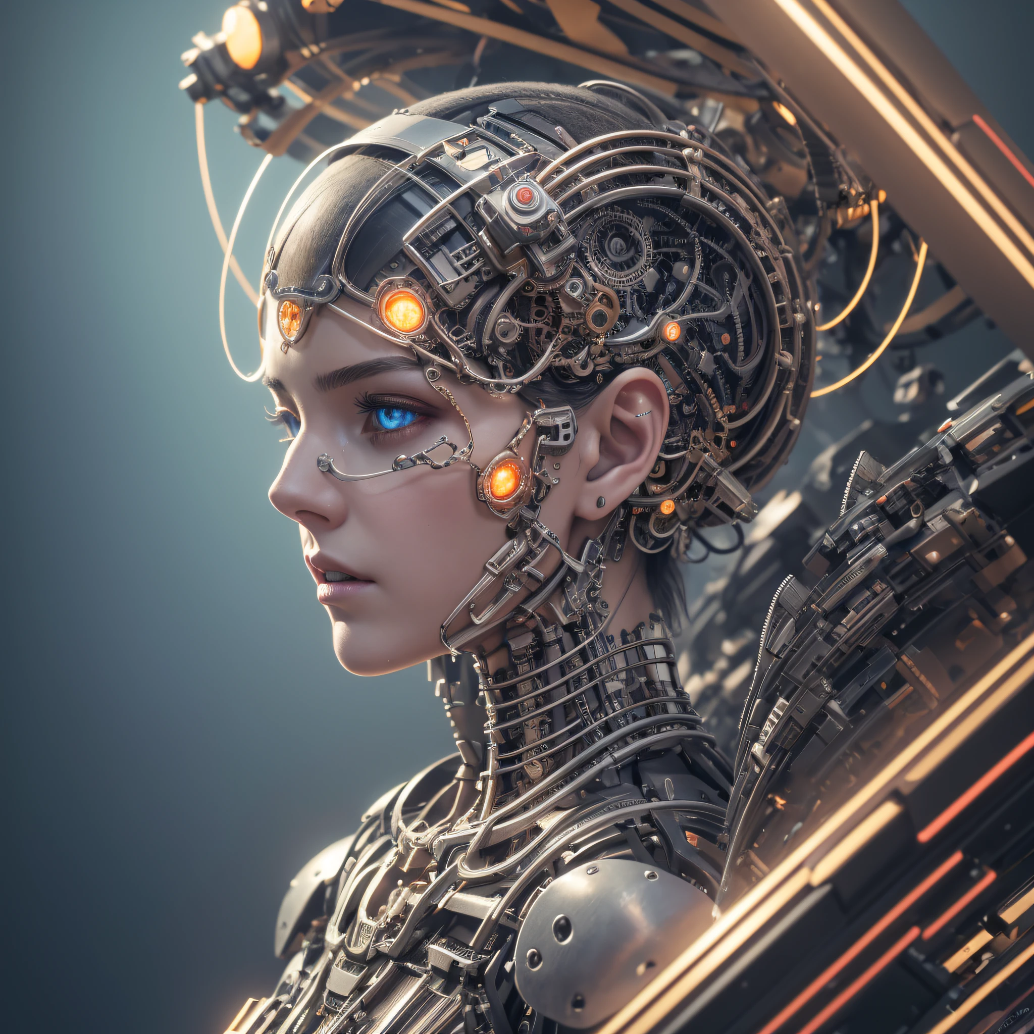 1mechanical girl,((ultra realistic details)), portrait, global illumination, shadows, octane render, 8k, ultra sharp,metal,intricate, ornaments detailed, cold colors, egypician detail, highly intricate details, realistic light, trending on cgsociety, glowing eyes, facing camera, neon details, machanical limbs,blood vessels connected to tubes,mechanical vertebra attaching to back,mechanical cervial attaching to neck,sitting,wires and cables connecting to head --auto --s2