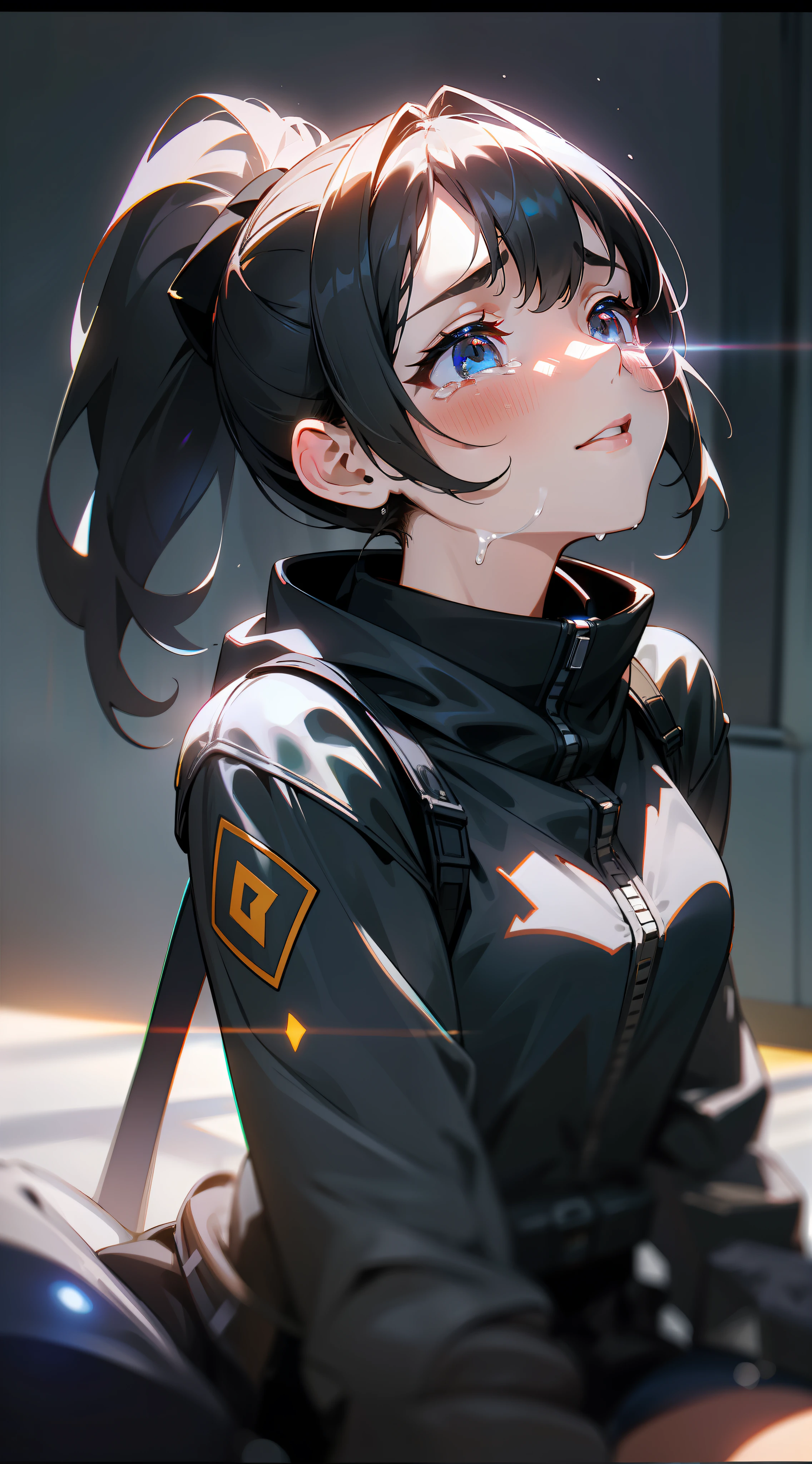 (Tearful 1.5), (Crying 1.5), (Grievance 1.5), (Looking up at the camera), (A black-haired girl), (Black Straight 1.5), (High Ponytail 1.5), Pupils with Light, Leather Jacket, Stockings, (Leg Length 1.8 meters), High Cold, Cold Expression, (Best Quality), Ultra Detailed, Realistic, Octane Renderer, Unreal Engine, Ultra Detail, Cinematic Lighting Effects, High Dynamic Range, (HDR), 32K Resolution, Super Resolution, Megapixels, ProPhoto RB, Harsh Lighting, Mirror Light Hologram, Ray Tracing, Semi-Reflective Lighting, Natural Lighting, Incandescent, Optical Fiber, Emotional Lighting, Film and TV Lighting, Studio Lighting, Soft Lighting, Volumetric Light, Backlight, Beautiful Lighting, Accent Lighting, Global Illumination, Screen Space Global Illumination, Ray Traced Global Illumination, Optical, Scattering, Glow, Shadow, Rough, Flickering,