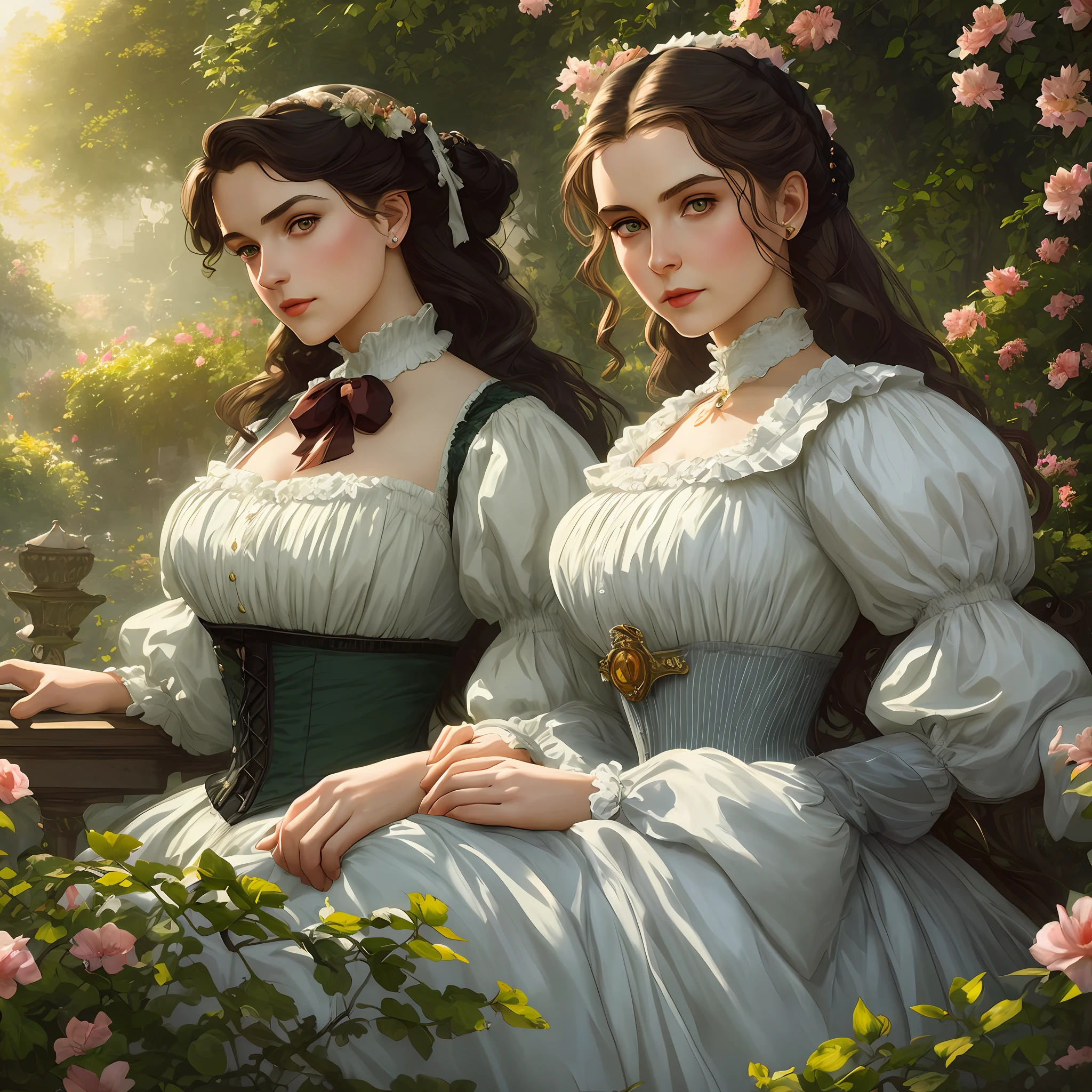 masterpiece one stunning delicate and curvy young woman 20 years old, wearing british victorian lady riding outfit, riding dress, ruddy skin, dark brown straight medium hair, detailed perfect almond-shaped emerald green eyes, perfect sensual and full lips, resemblance to scarlett ohara, ((sunny victorian mansion garden background)), full body, cover, hyperdetailed painting, luminism, Bar lighting, complex, 4k resolution concept art portrait by Greg Rutkowski, Artgerm, WLOP, Alphonse Mucha: a stunning realistic photograph