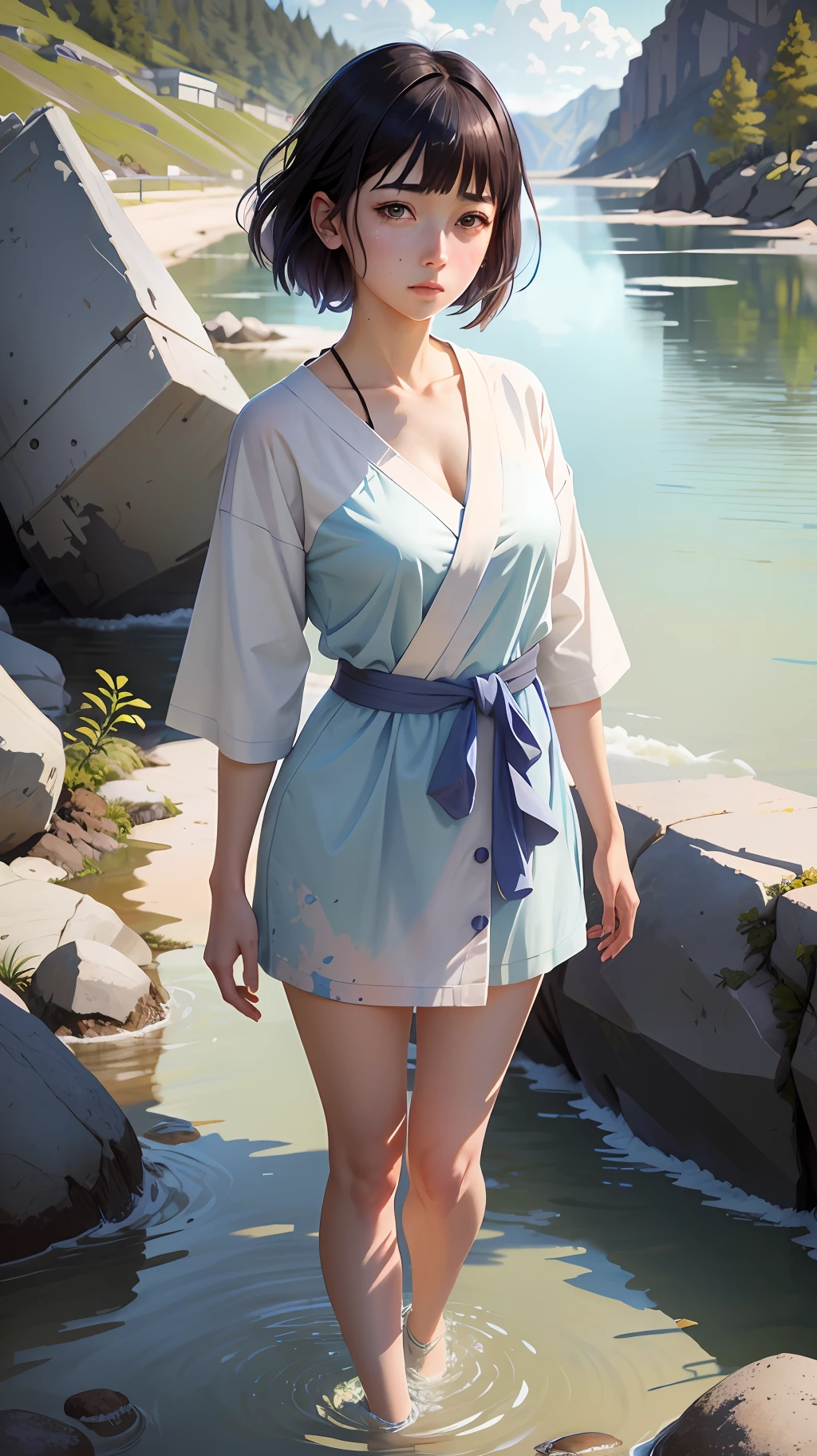 ( Watercolor : 1.5 ), sunlight , full body portrait ((wet)), ((hinata hyuga:1.5 from naruto)), dynamic posing, (detailed face), vicissitudes of wise eyes, wrinkles, peaceful old man meditating by the lake, an abandoned research facility on a remote Arctic island, (very detailed background, detailed face, detailed complex busy background: 0.8), messy, gorgeous, pastel colors, by artist ilya Designed by Kuvshinov and artist Serov Valenti
