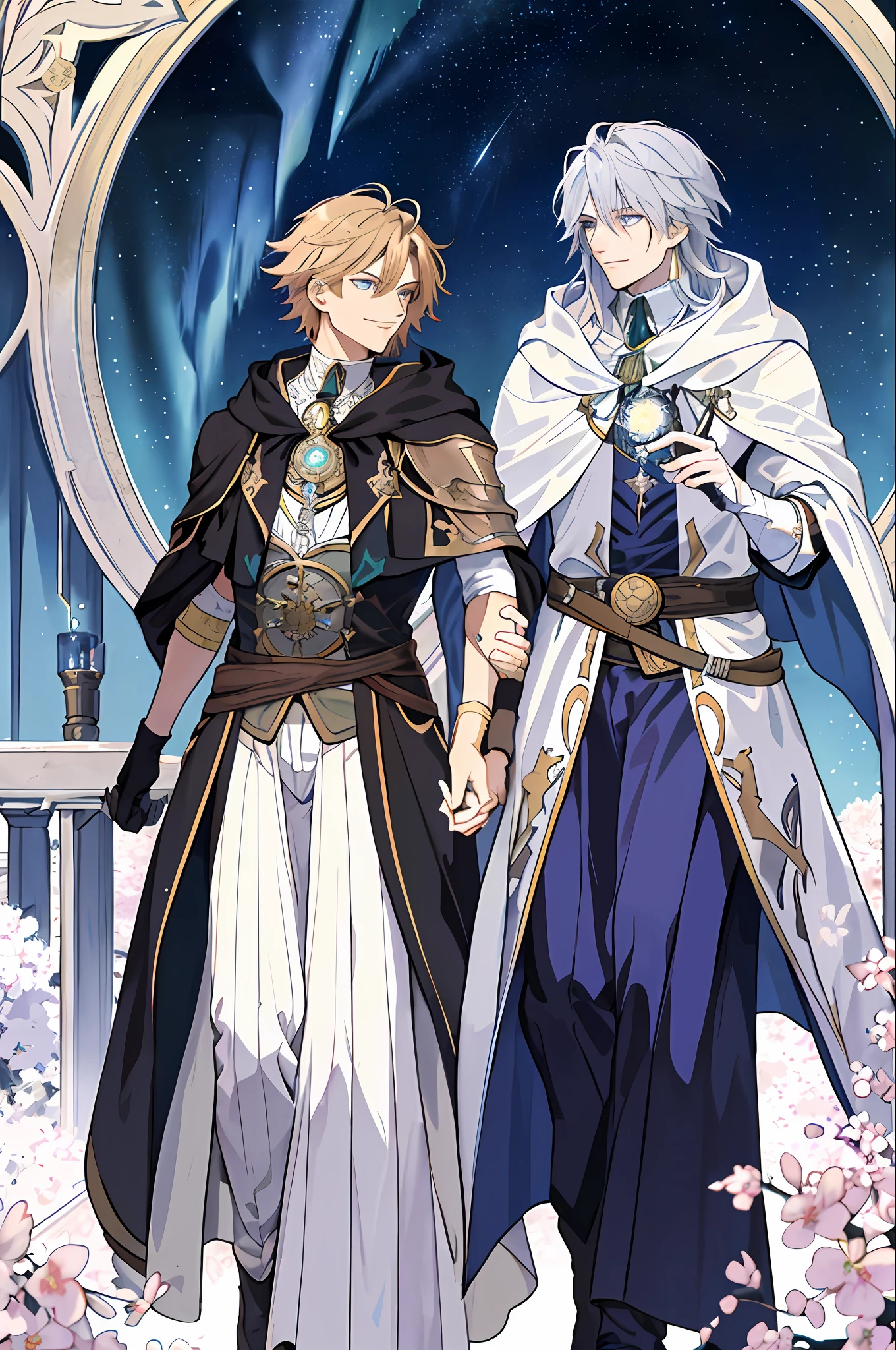 ((((dramatic))), ((gritty)))), ((Masterpiece: 1.2, highest quality)), two very beautiful men smiling at each other, long hair, robes, aurora, night, stars (sky), gloves, sky, white dress, night sky, flowers, starry sky, blue eyes, cloak, (bird), magic, casting spells, dark clouds, night, (impressionism: 1.4), (tarot: 1.3), Alphonse Mucha,