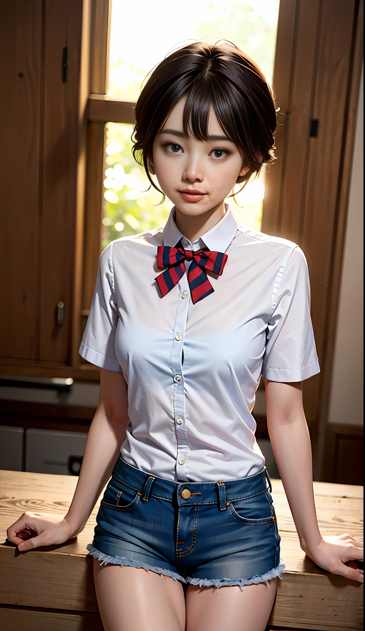 (8k, RAW photo, best quality, masterpiece: 1.2), (realistic, photorealistic photo: 1.37), ultra-detailed,
1 Girl, Cute, Solo, Beautiful Detailed Sky, (Detailed Ruins), Evening, (Nose Blush), (Seductive Smile: 1.1), (Shut Up), Room, Broken Truck, Professional Lighting, Sony A7R4, Zessie 50mm F1.8, Blurred Background, Beautiful Detailed Eyes, (Collared Shirt: 1.1), Bow Tie, Denim Shorts, (Wound Bandage), Oil Stain, (Short Hair: 1.2), Floating Hair Mix