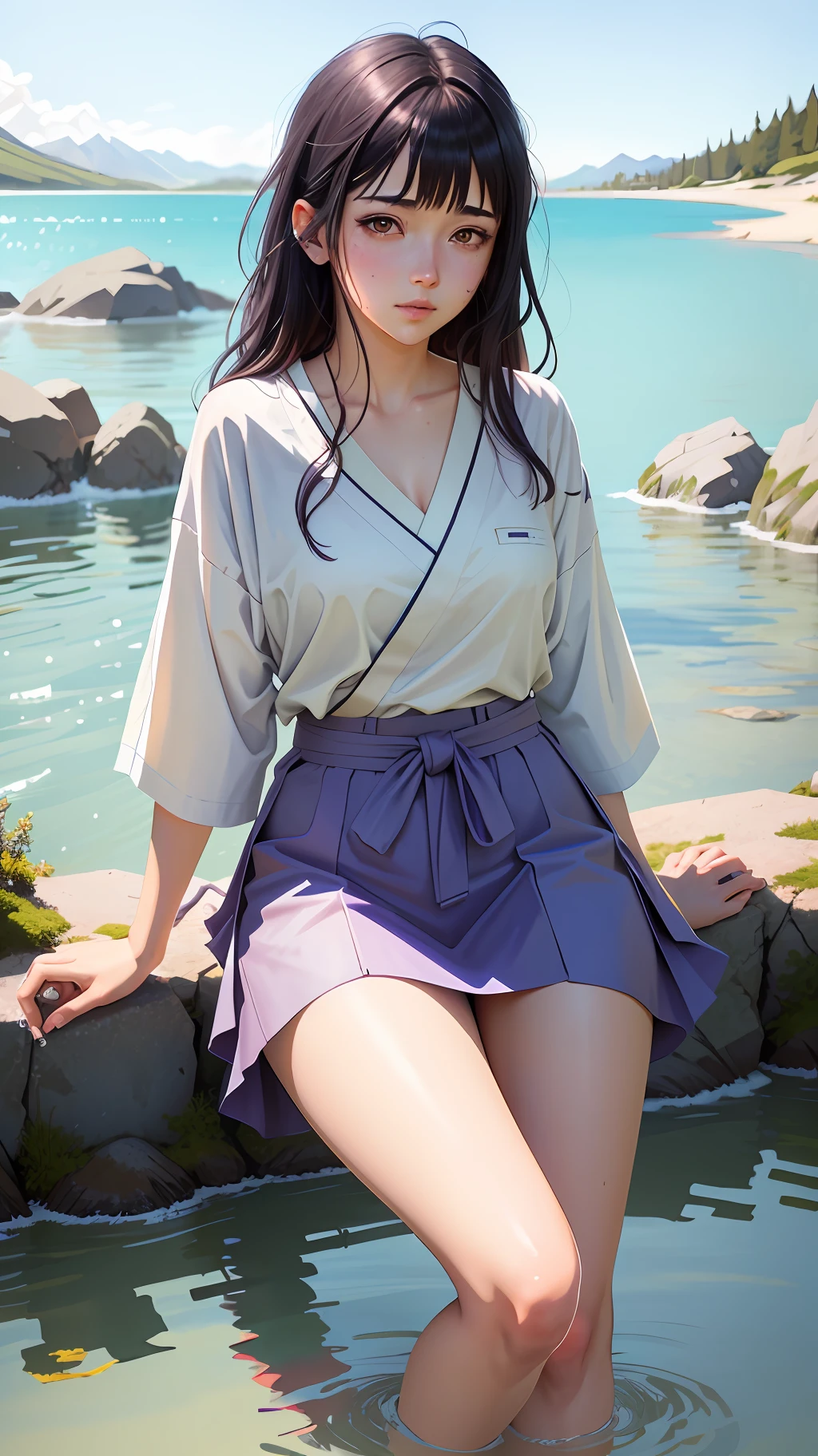 ( Watercolor : 1.5 ), sunlight , full body portrait ((wet)), ((hinata hyuga:1.5 from naruto)), dynamic posing, (detailed face), vicissitudes of wise eyes, wrinkles, peaceful old man meditating by the lake, an abandoned research facility on a remote Arctic island, (very detailed background, detailed face, detailed complex busy background: 0.8), messy, gorgeous, pastel colors, by artist ilya Designed by Kuvshinov and artist Serov Valenti