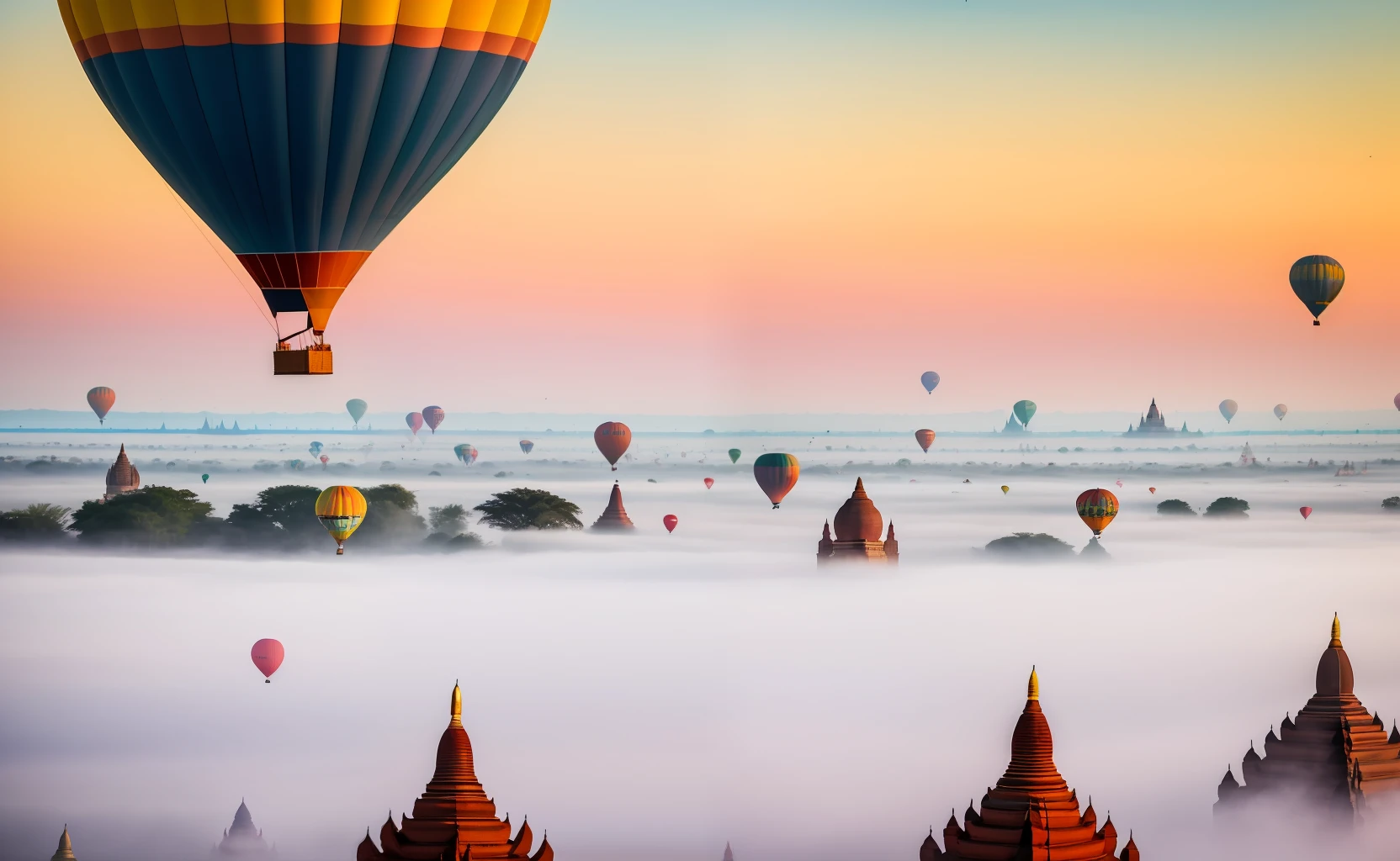 Bagan in Myanmar, vibrant spectacle of hot air balloons rising above the mist-shrouded pagodas at dawn, the soft pastel hues of the sky reflecting on the drifting balloons, invoking feelings of adventure and wonder, Photography, captured with a Canon EOS R5 using a 70-200mm telephoto lens to compress the scene