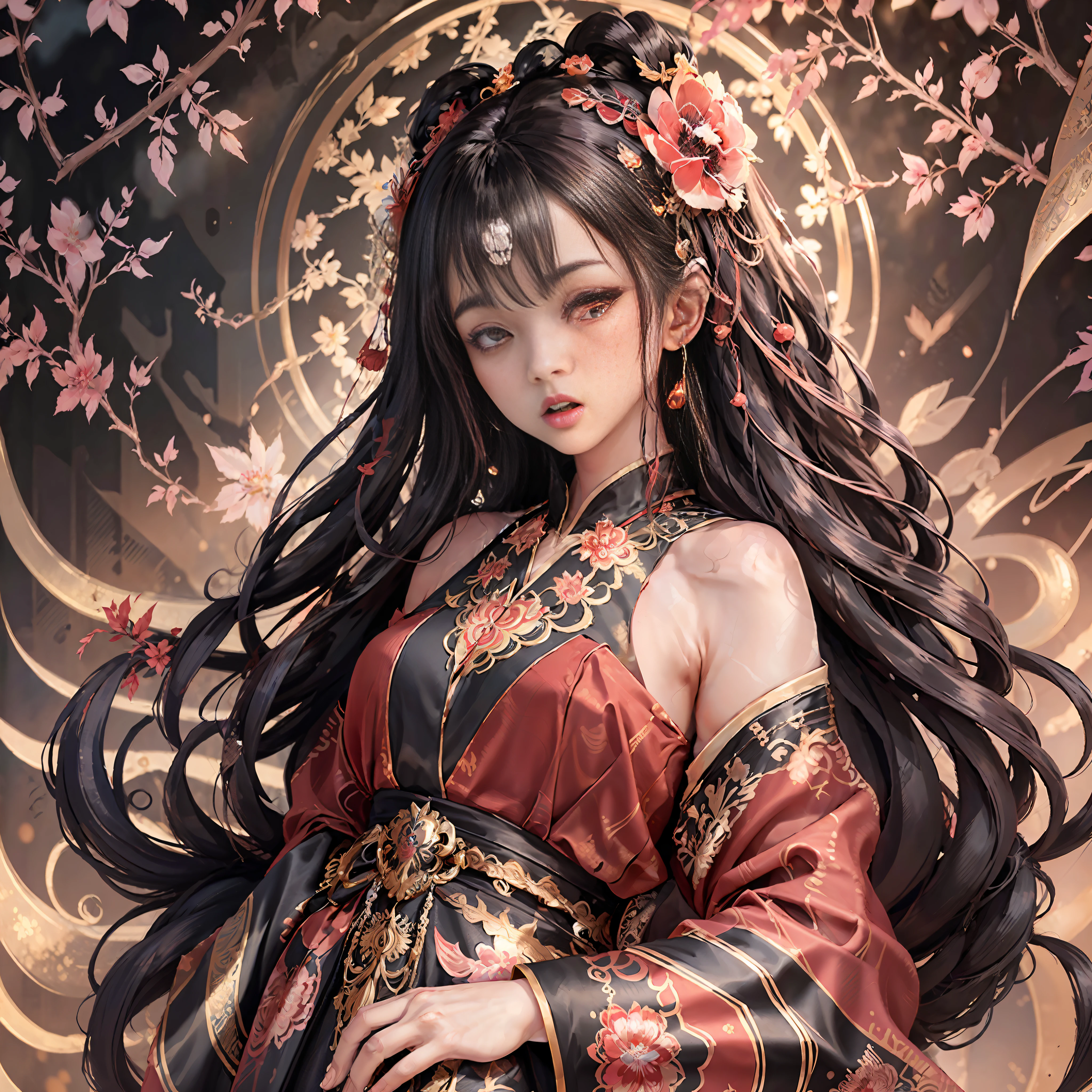 ((High resolution)), (Open Mouth), (Bust), (Top Quality), ((Super Fine)) (Super Fine CG)), ((8k_wallpaper)), Dynamic Angle, Floating, (Eyes with Beautiful Details), Very Delicate and Beautiful Girl, Upper Body, Ink Painting, (Chinese Style), Dark Eyes, Burning, Detail Light. from_low, (black hair), (red spider) lily: 1.33), aqua eye, (hair flower: 1.3), Bloom, single, starry sky, hair accessories, earrings, jewelry, messy hair, bare shoulders, half-closed eyes, bloom, (men), (Hanfu: 1.3), (Medium breasts): 1.2), (Eyeshadow, Red Eyeliner: 1.15), (Eyeshadow, Red Eyeliner: 1.15), (Eyeshadow, Red Eyeliner: 1.15), (Visible Eyes Through Hair: 1.2), (Solo Exhibition), Red Moon