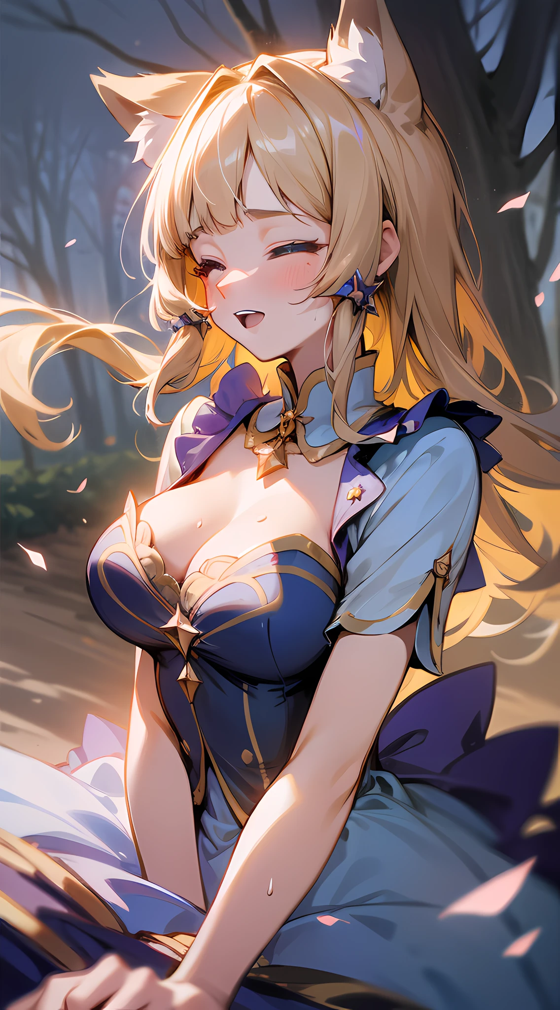 (pretty:1.5), magical princess, (adult), striking image, artistic composition, emotional, active, motion, particles,masterpiece,highest quality,1girl,(close up), magical, beautiful dress, sparkles, starburst effect, motion blur, field of view, dramatic angle, (golden hair:1.1), 1girl, wolf ears, intricate bra:0.8,moderate breast, (ayaka:1.2), cleavage:0.8, (canine tooth:0.4), resting under tree, back rest on tree's trunk, sweaty, fullfiled smile, open mouth