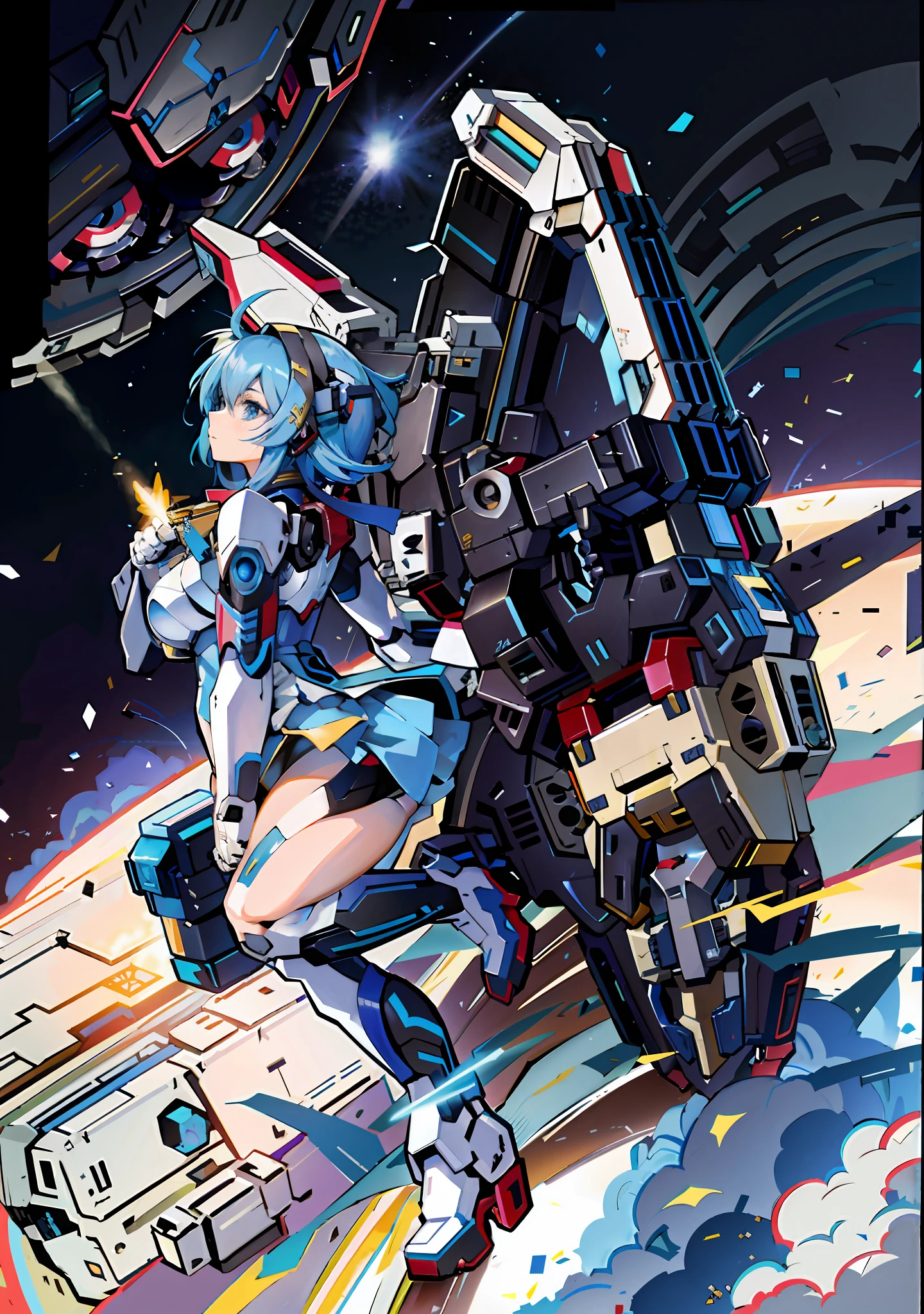 Exoskeleton flying over Earth with blue-haired woman on mecha, anime mecha aesthetics, cyberpunk anime girl mecha, mecha aesthetics, full robot in space!! girl