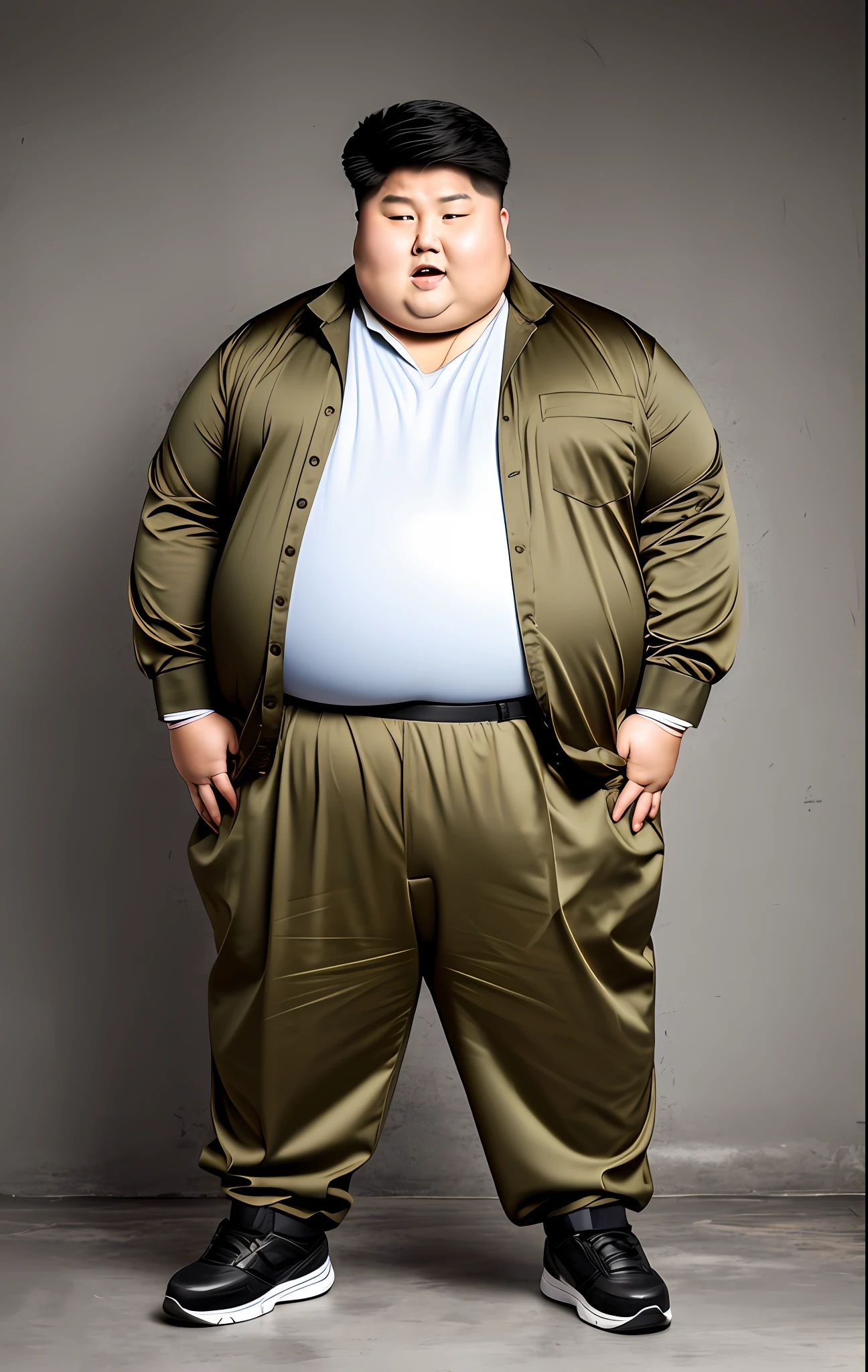 Obese male Asian expression worried full body photo clean background --auto --s2