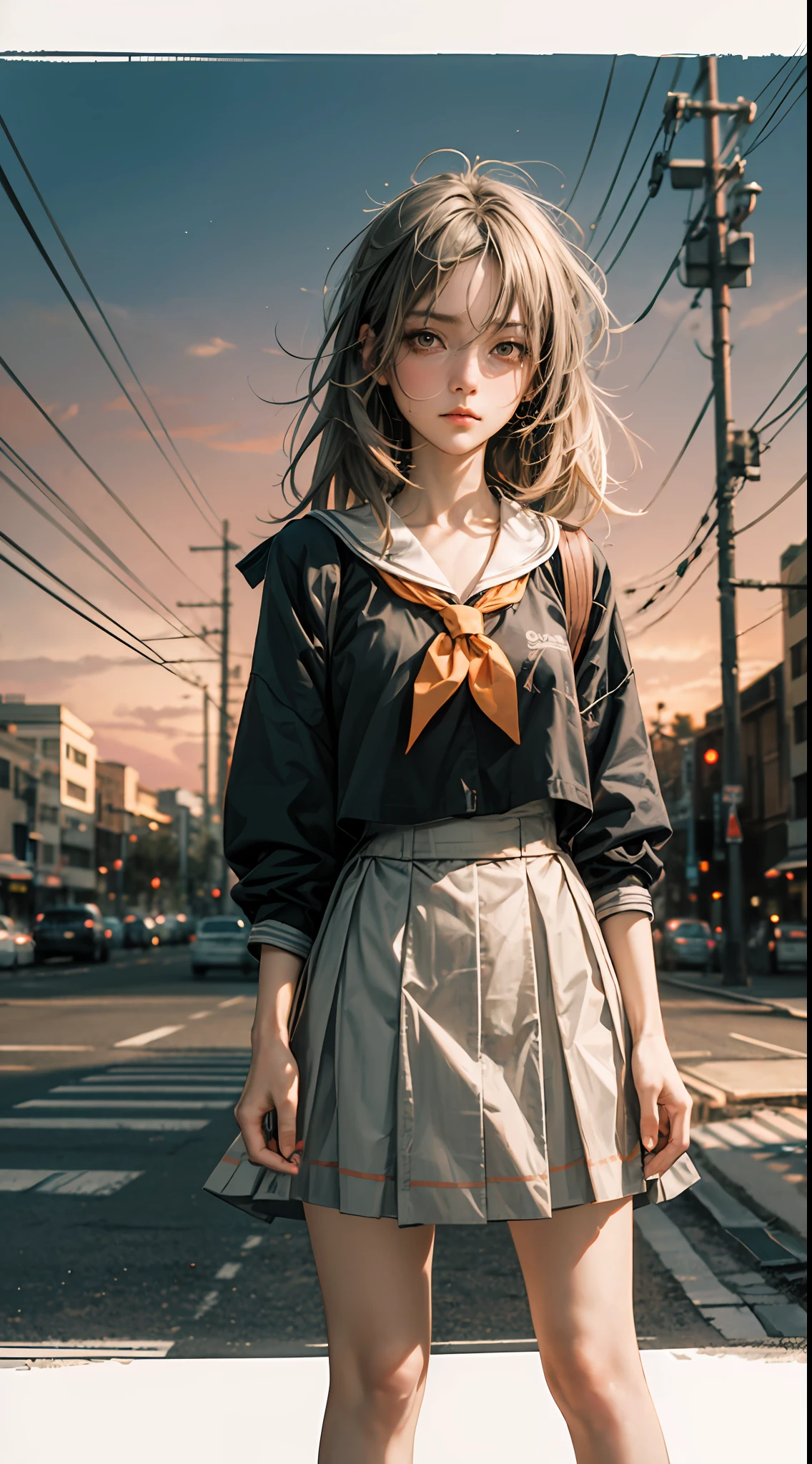 masterpiece, best quality, illustration, sunset, orange sky, school outdoors, 1girl, standing, skinny, detailed messy grey hair, narrowed yellow eyes, bags under eyes, serafuku, high waist black skirt, shame, blush