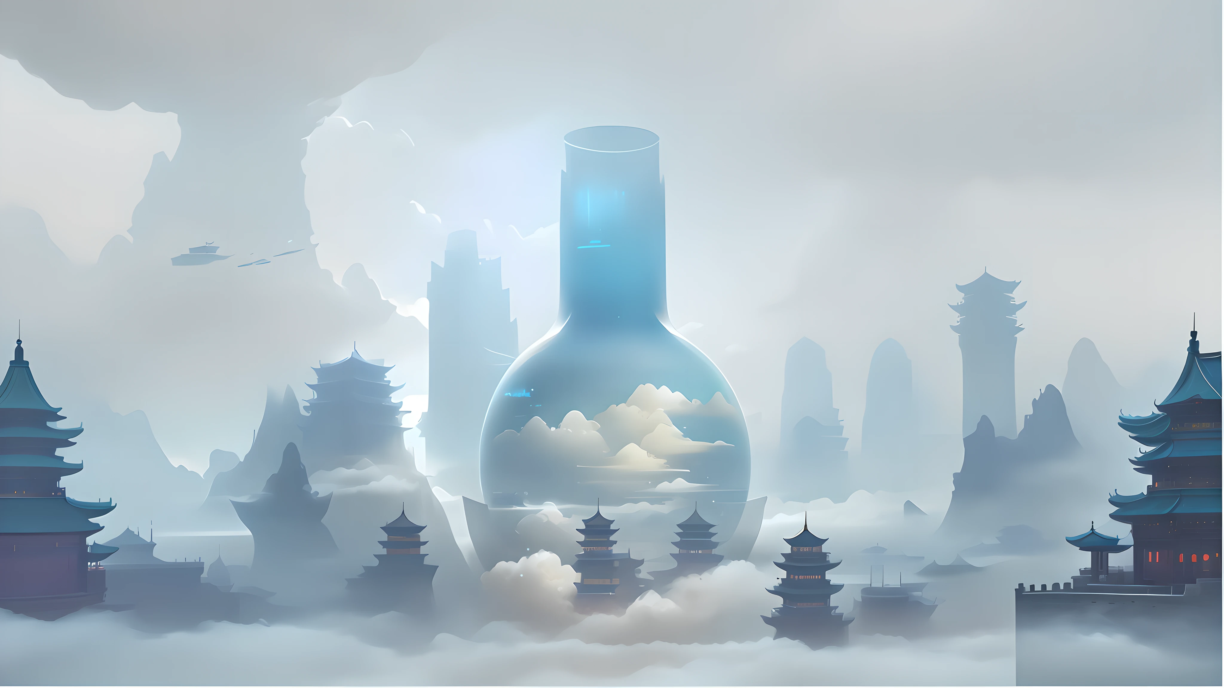 There is a large vase with the sky inside, floating in the clouds, illustrated matte painting, optimistic matte painting, cloud palace, floating city on the clouds, Qu Leilei, Li Tiefu, Chinese surrealism, full of glass. CGSOCIETY, Chinese Fantasy, Environmental Design Illustration, Digital Painting of Ancient Chinese Architecture, by Cheng Jiasui, Top View