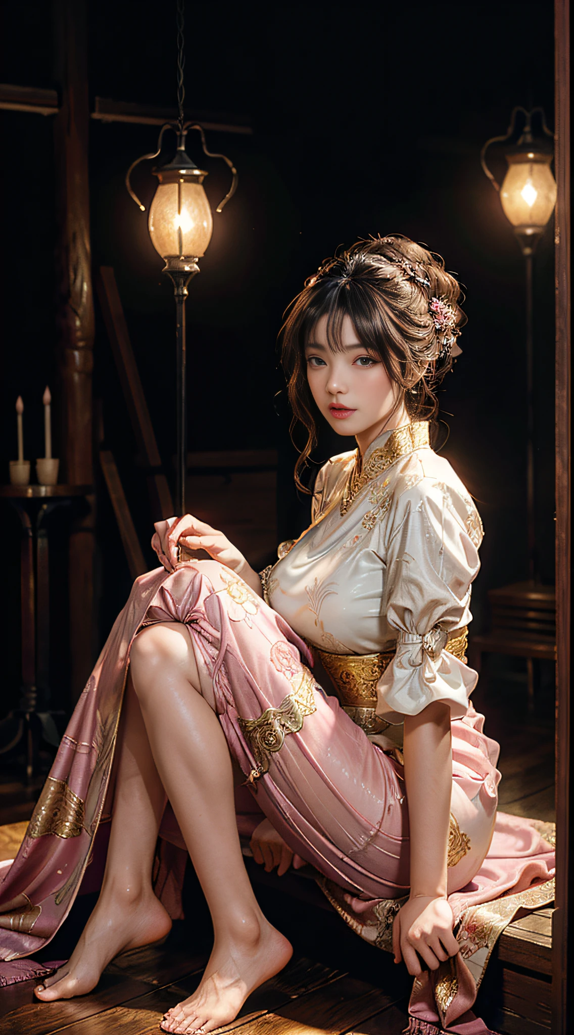 The art depicts a charming woman in a flowing, silky traditional oriental dress in pink, tight translucent trousers, decorated with intricate patterns and bright colors. Her dress drapes elegantly over her curvy figure, accentuating her seductive silhouette. She stood gracefully in the quiet moonlit night, bathed in the soft glow of the moonlight. The scene exudes an ethereal and dreamy atmosphere, with a touch of mystery and sexiness. The graphic style blends watercolor and digital illustration techniques to evoke a refined beauty and charm. The lights are filled with soft moonlight, casting soft highlights and shadows on her charming features. Bare thighs, wearing tight translucent pants, big breasts, three-dimensional facial features, sitting, upturned legs, side braids, full body photo