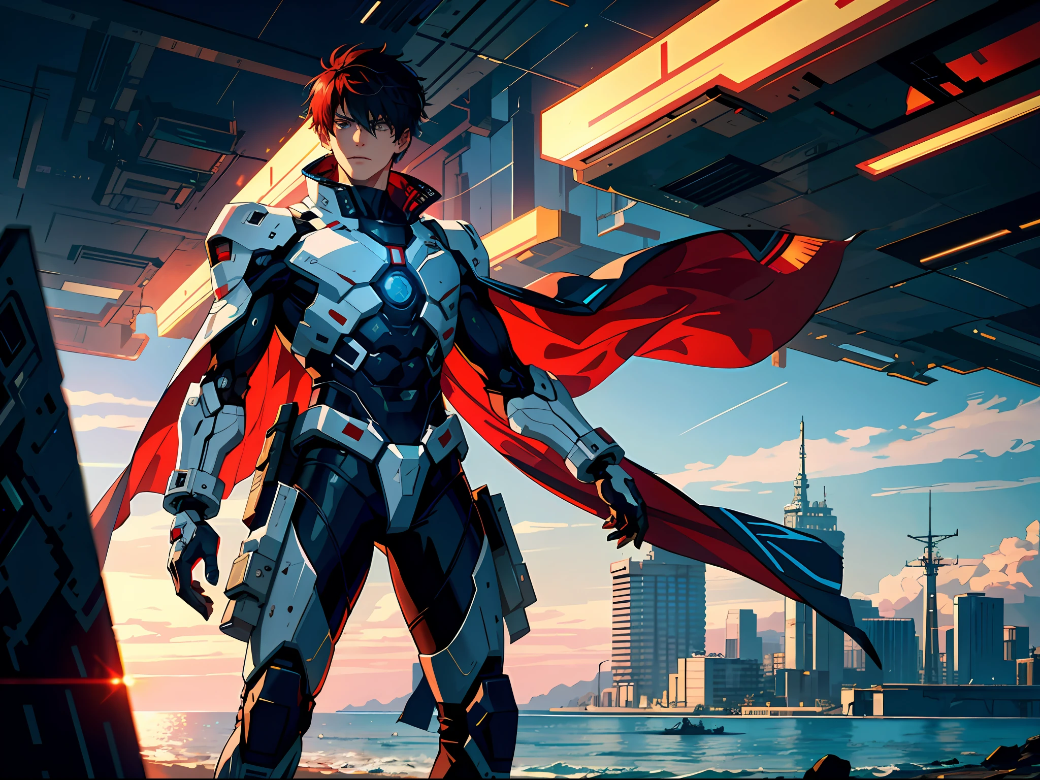 HD clear, best images, illustrations, super detailed, a young man in a cyberpunk style (white combat uniform), detailed face, and facial features, (arms raised) (eyes on wrists) standing on the seaside pier, behind him is a huge red mech