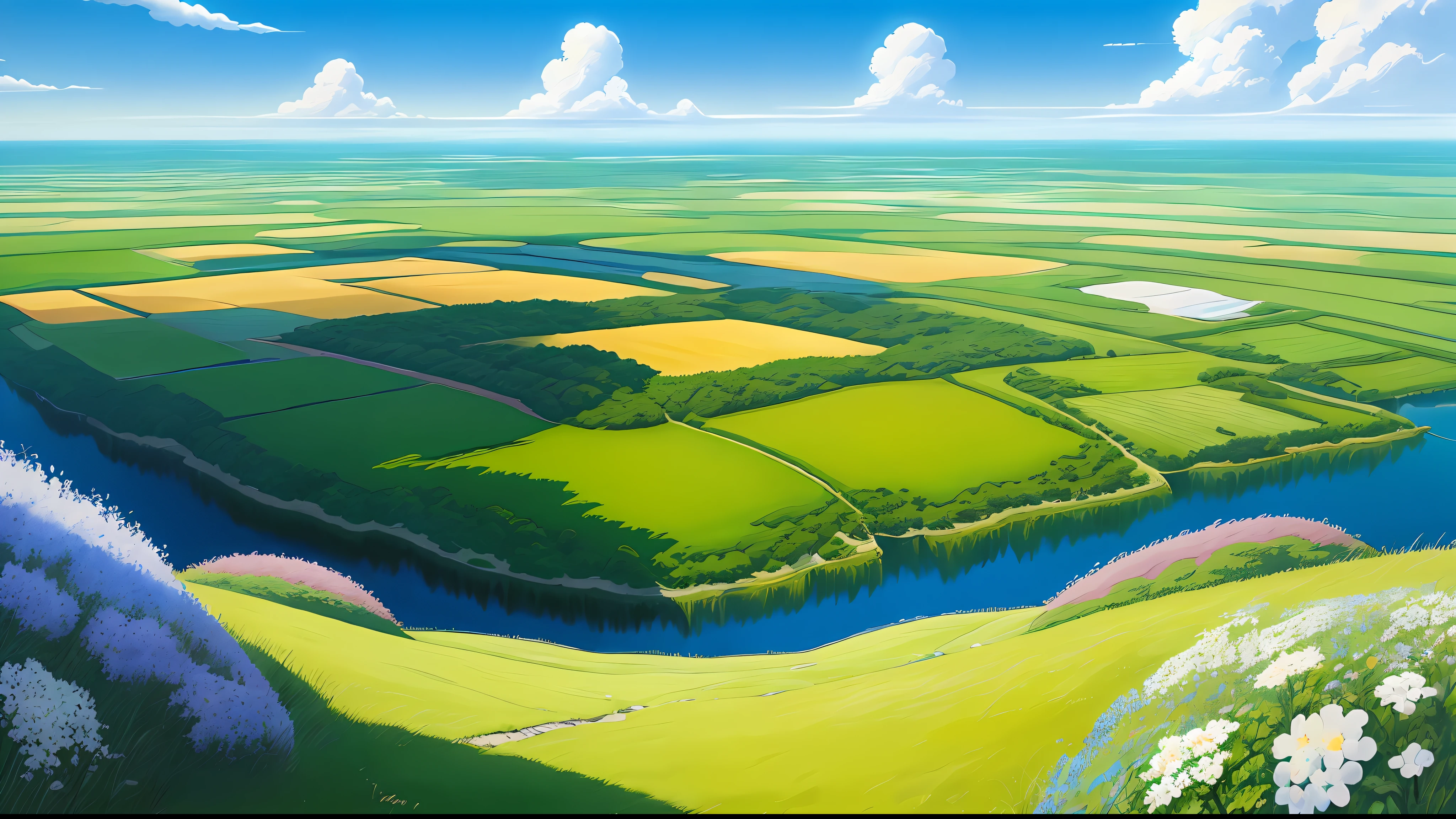 Realistic, authentic, beautiful and amazing landscape oil painting Studio Ghibli Hayao Miyazaki's petal grassland with blue sky and white clouds --v6