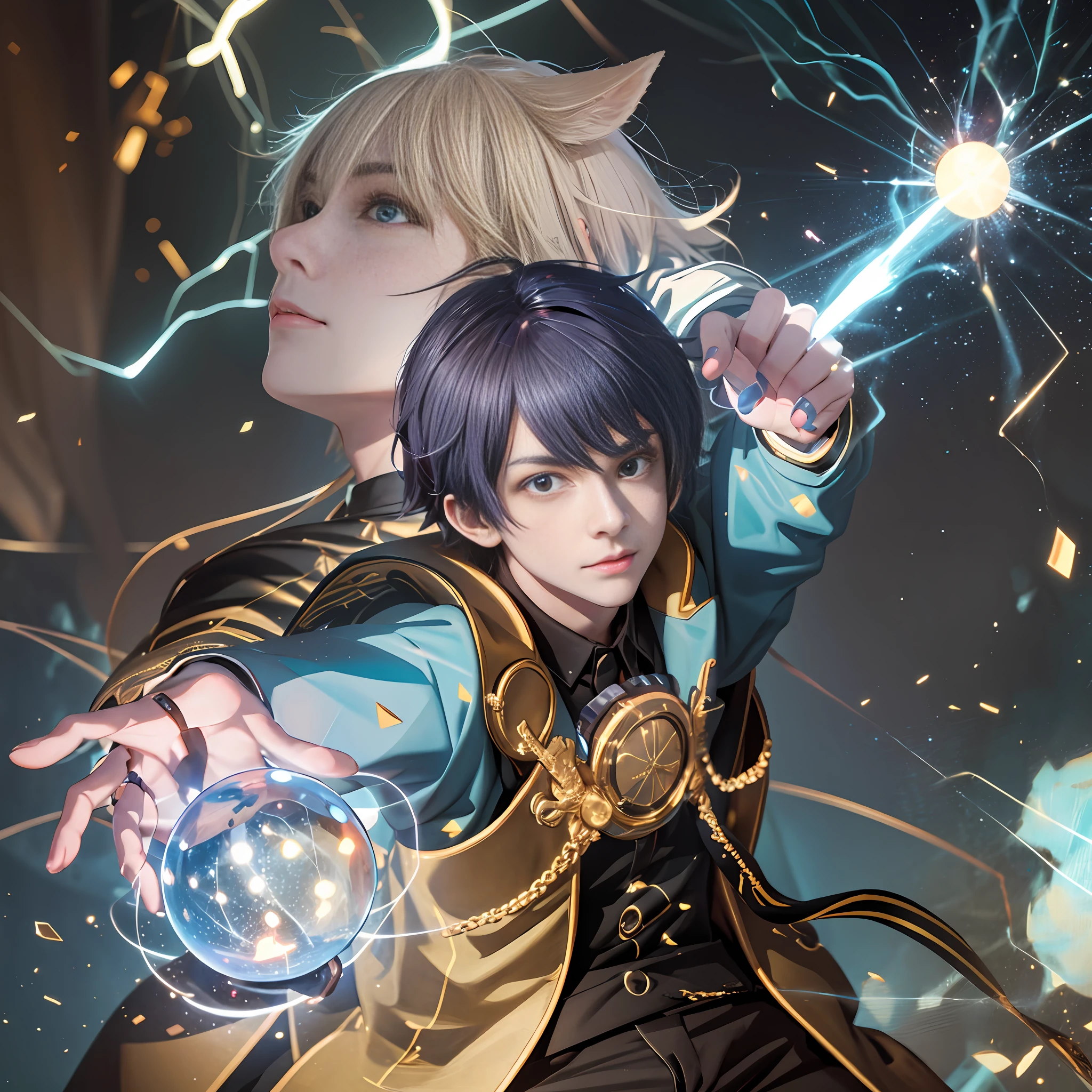 Two electric balls, one blue light, one golden light, anime boy, hands outstretched