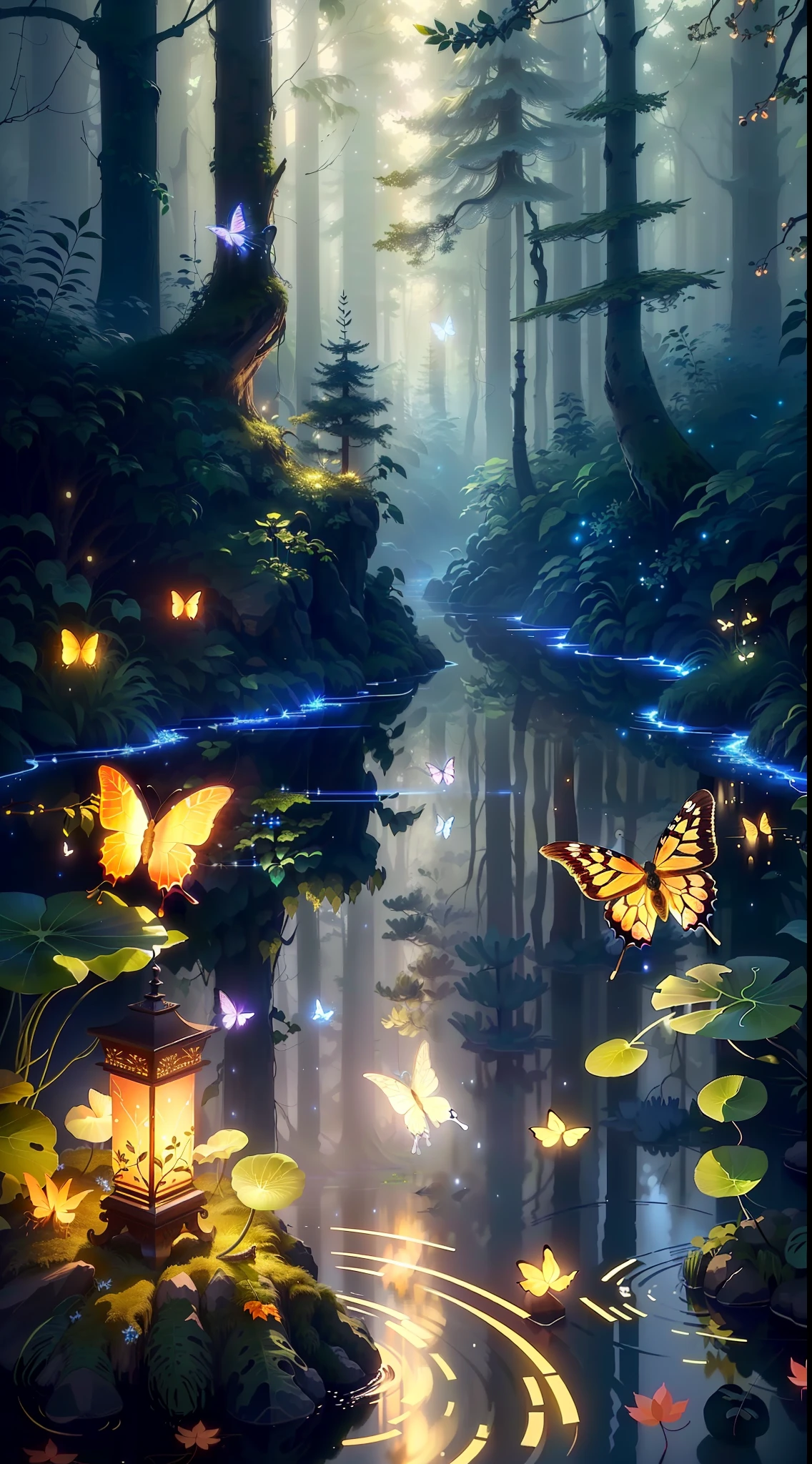 A masterpiece, the best quality, stunning reflections, the best reflections ever. (very detailed CG unity 8k wallpapers), (best quality), (best illustrations), (best shadows), forest theme with natural elements. Tall trees, quiet streams, small glowing mushrooms surrounded by delicate leaves and branches, with fireflies and glowing particle effects,, (natural elements), (jungle theme), (leaves), (twigs), (fireflies), butterflies, (delicate leaves), (glow), (particle effects). , Isometric 3D, Octane Rendering, Ray Traced, Super Detailed