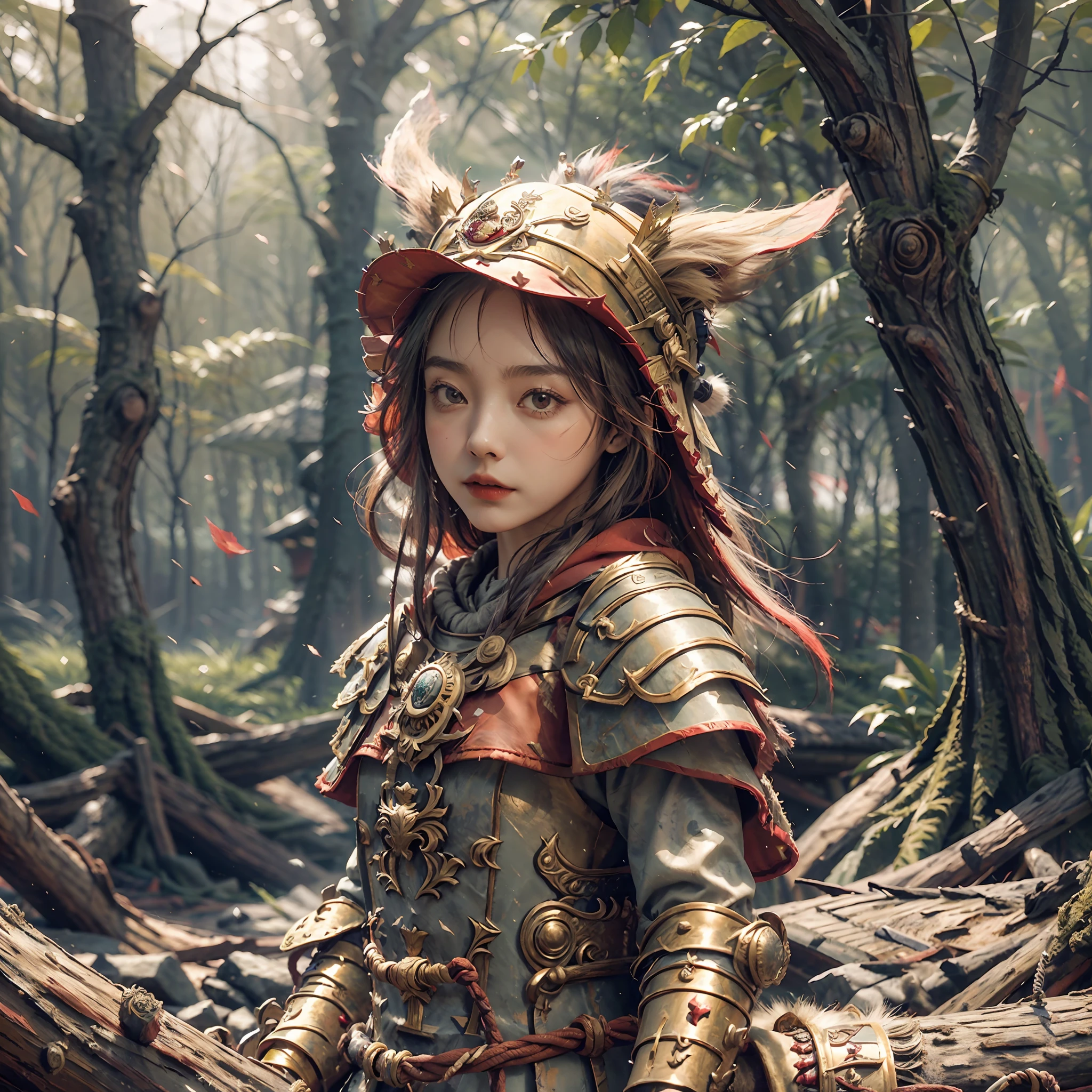 Little girl in a red hat, Red cloak, Europa 1400: Gold, forest, big bad wolf, Cartoon painting, unreal engine, cinematic lighting, UHD, super detail --auto --s2